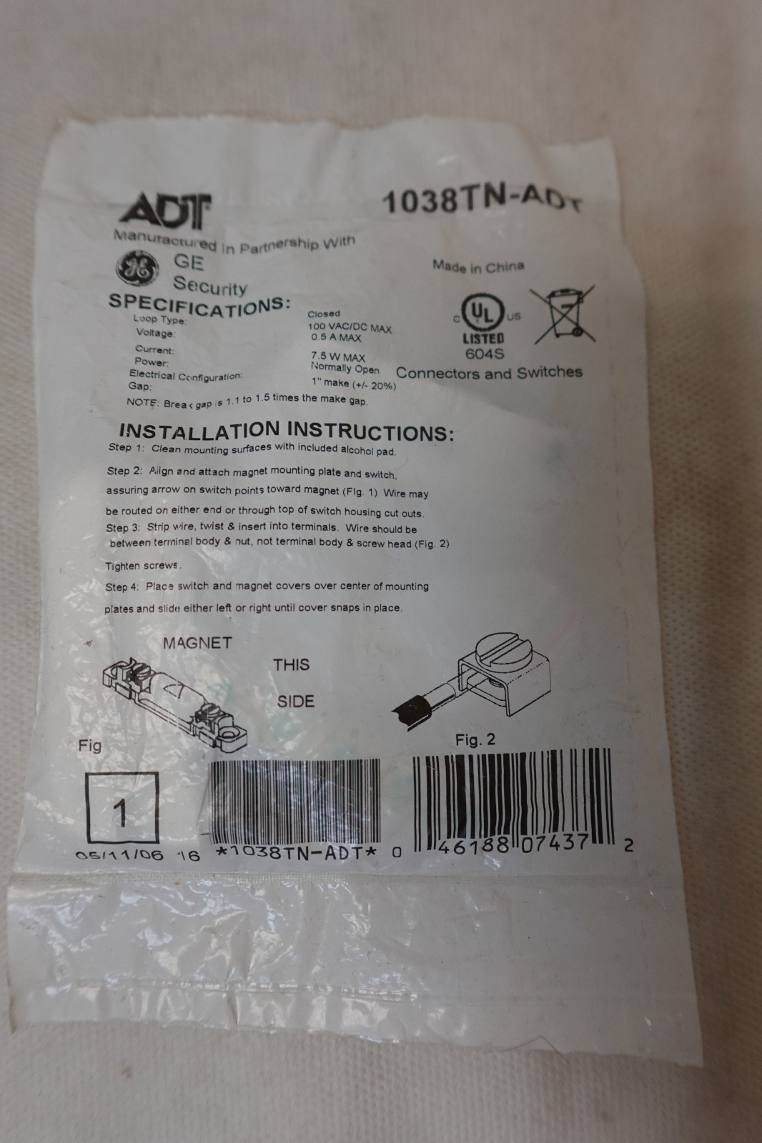 ADT Security Alarm System Magnetic Contact Switch Set - White 1038TN-ADT