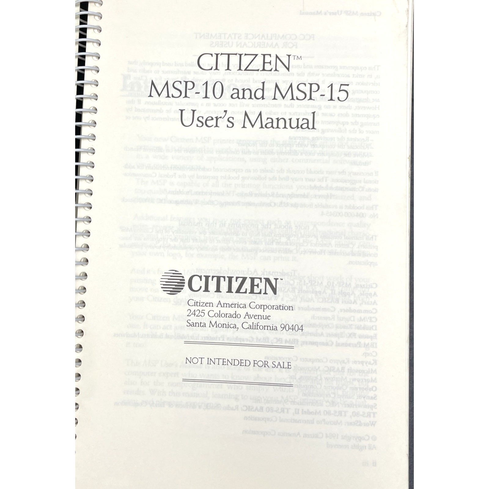 Citizen MSP-10/15 Printer - Manual / Users Guide / Instructions Book