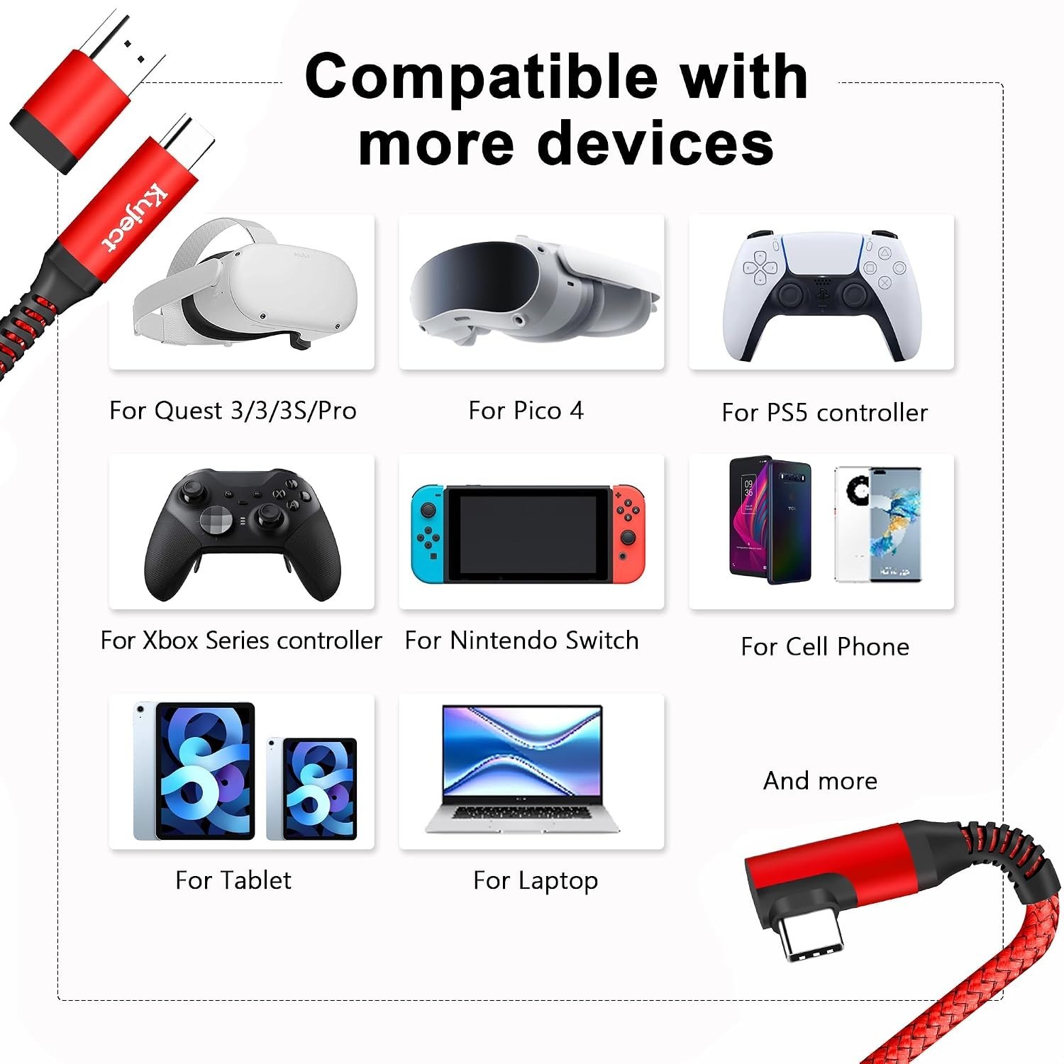 Red 20FT Data Transfer Link Cable for VR Gaming - Compatible with Quest Series