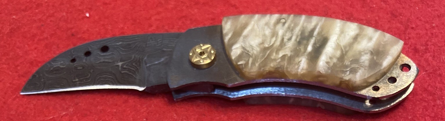 Mike Tamboli Custom Small Damascus Folding Knife Musk Ox, Lock Back