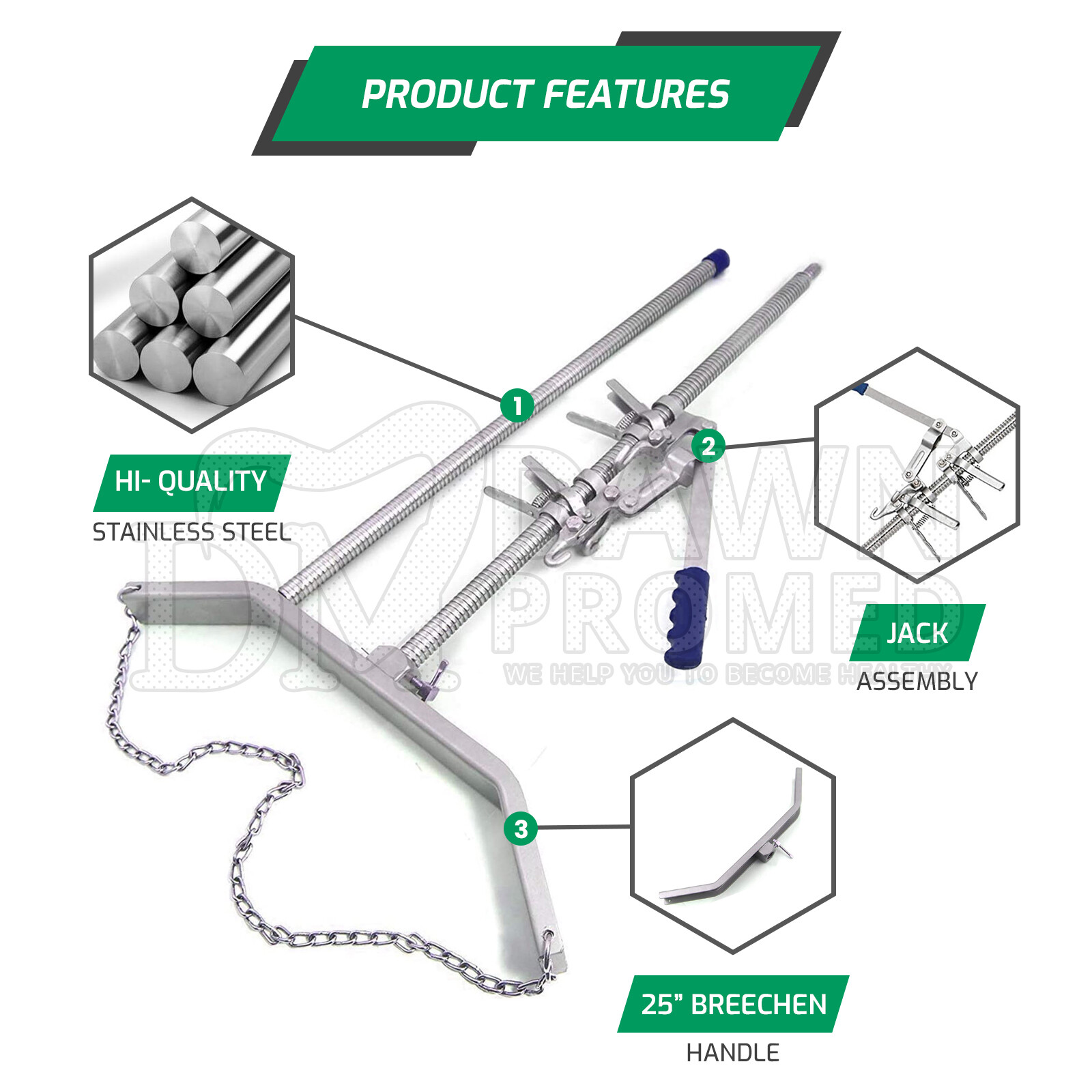 7 Pcs Calf Puller OB Handle & OB Chains Cattle Birthing Delivery Complete Set