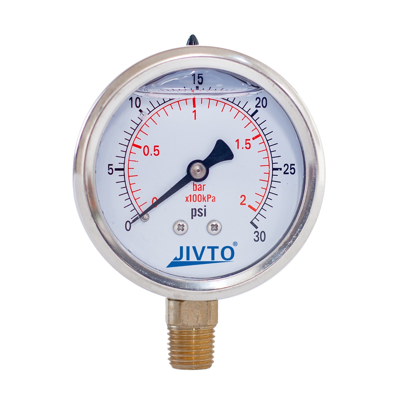 Pressure Gauge,Liquid Filled,2" Dia,0-30 psi,1/4 NPT Lower Mount