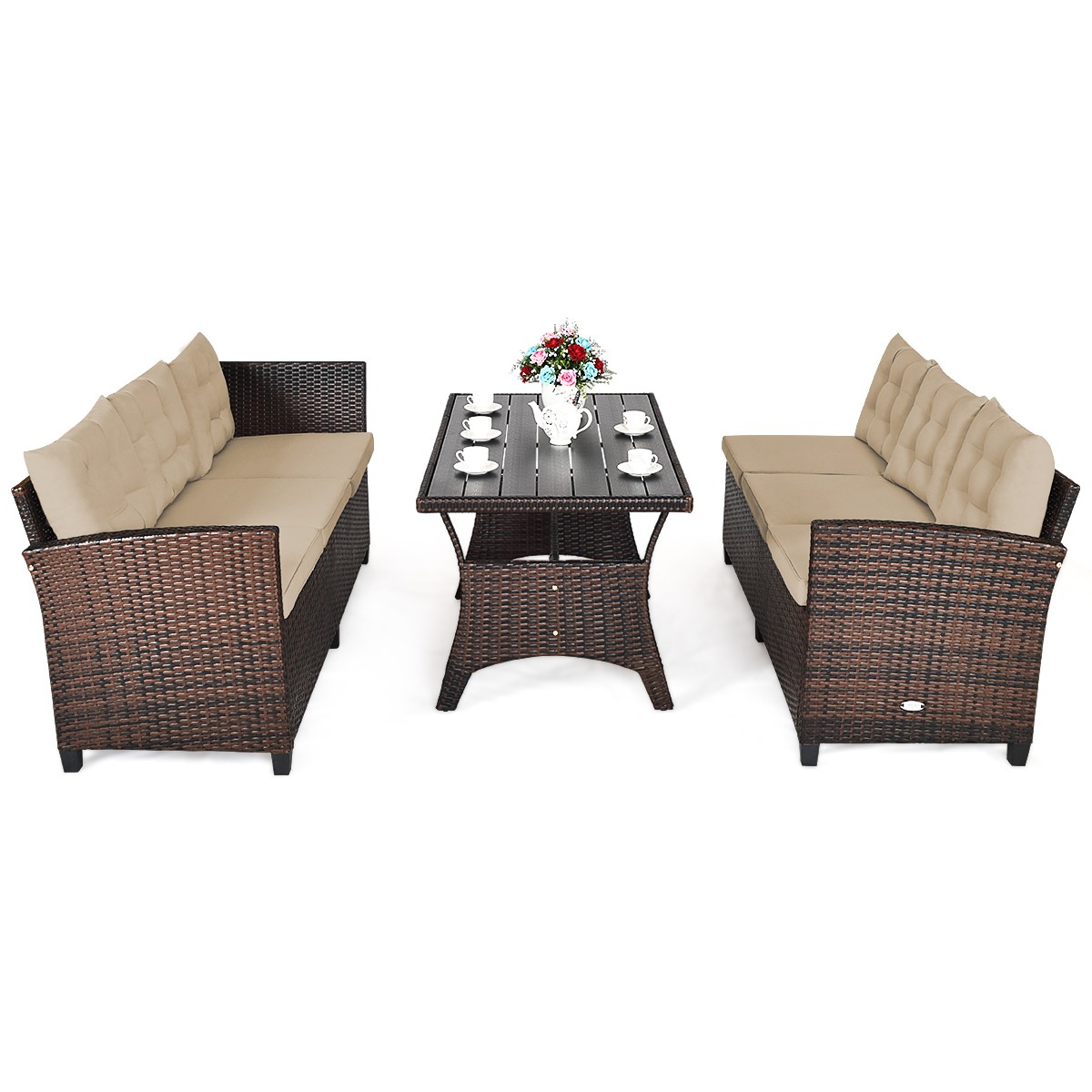 Patiojoy 3PCS Premium Rattan Dining Set Outdoor Cushioned 6 Seats Sofa Comfort