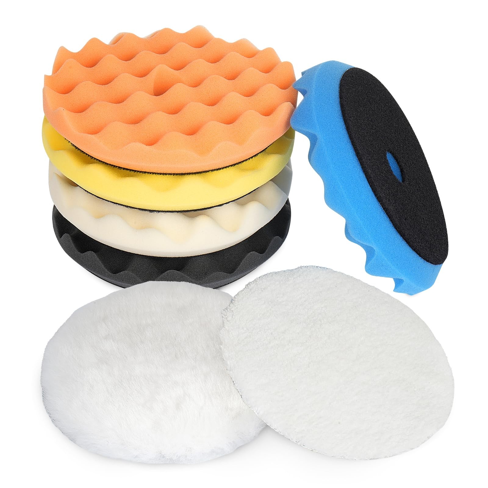 6" Buffing Polishing Pads Kit - 7Pcs Foam & Wool for Car Polisher, Waxing