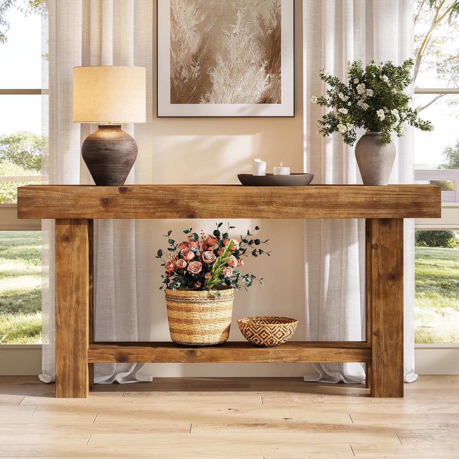 63'' Solid Wood Console Table Farmhouse Narrow Entryway Sofa Table with Storage
