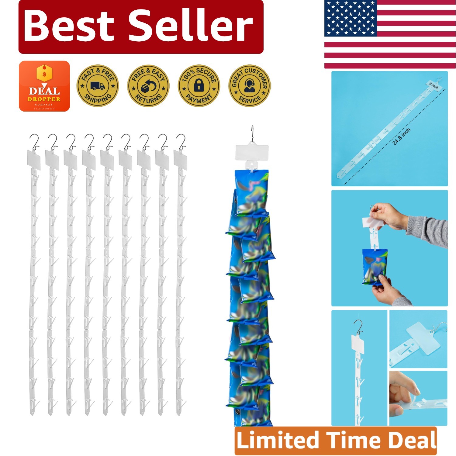 10-Piece Lightweight Hanging Merchandise Strips with Hooks for Retail Display