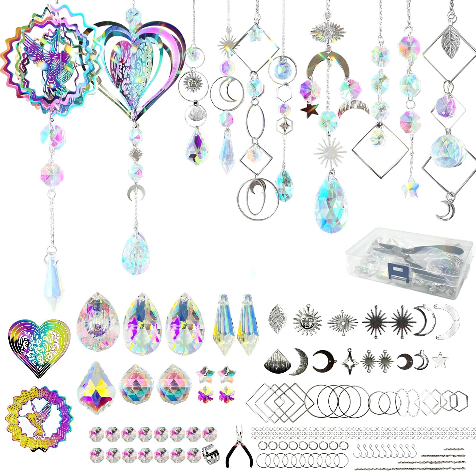 202PCS Crystal Suncatcher Kit with 3D Wind Spinners,DIY Suncatcher Kits for A...