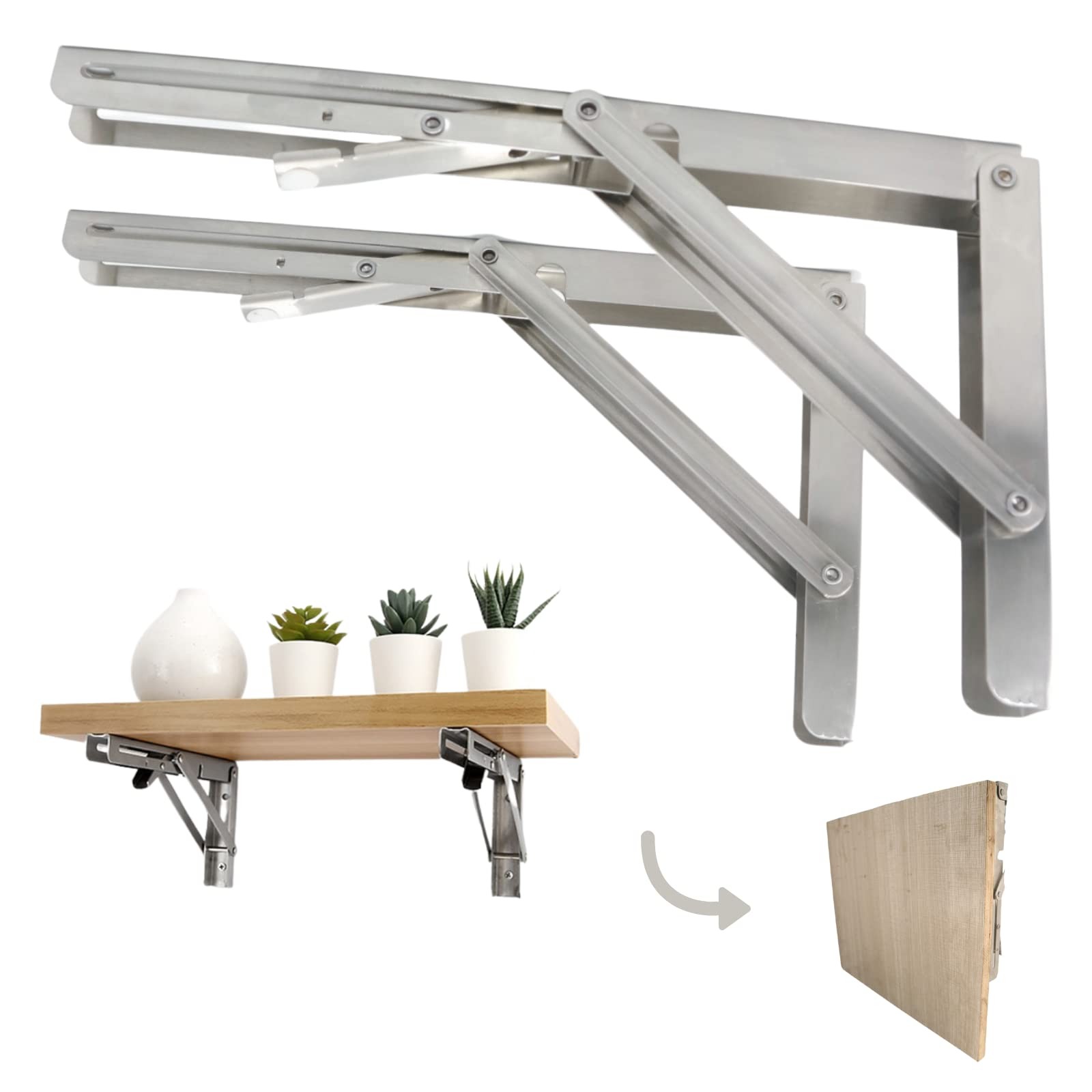 2 Pack 8 Inch Heavy Duty Stainless Steel Folding Shelf Brackets 550 lb Load
