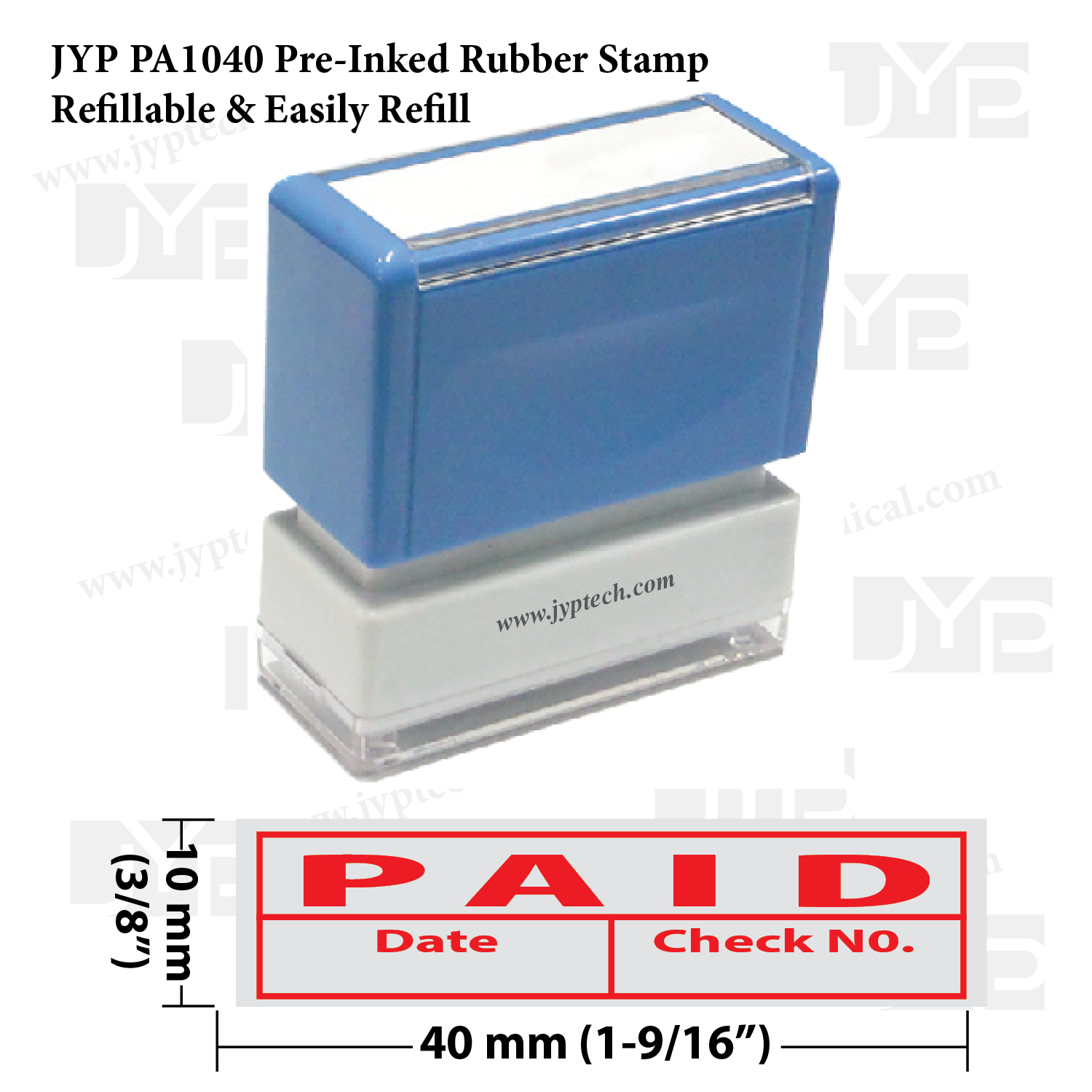 Paid, Date & Check No. w. Frame - JYP PA1040 Pre-Inked Rubber Stamp ( Red Ink)