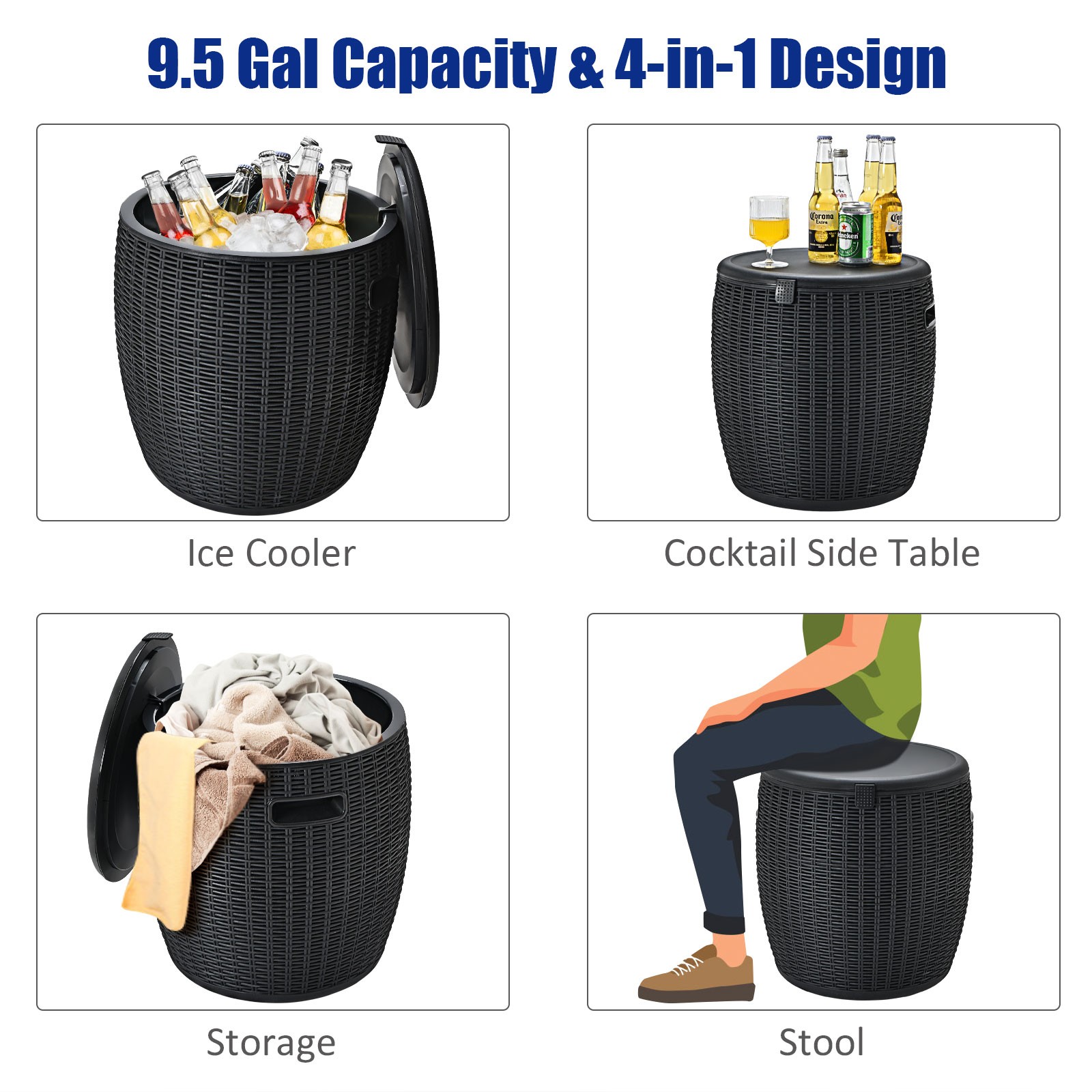 Patiojoy 9.5 Gallon 4-in-1 Patio Rattan Cool Bar Cocktail Table Side Table Black