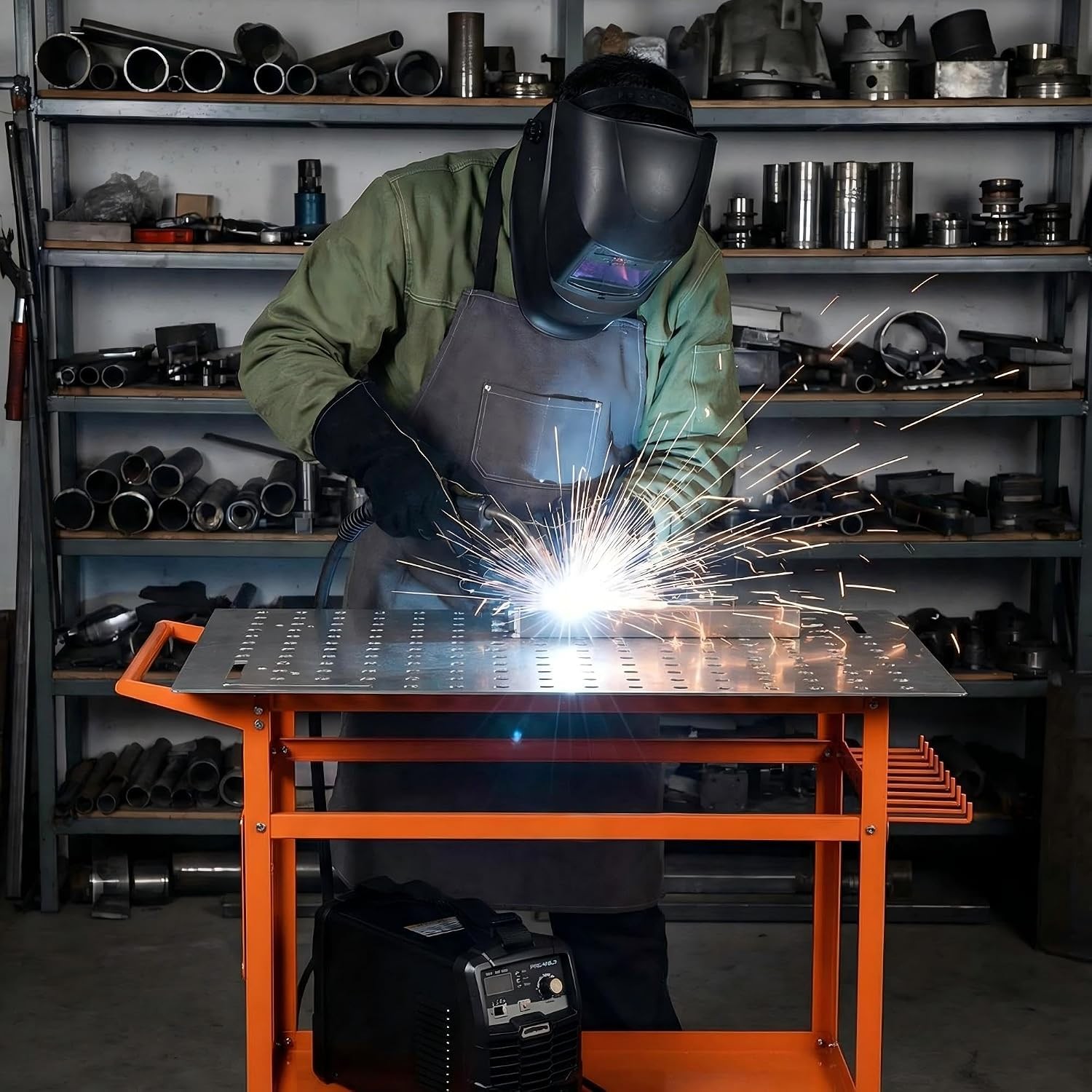 800LBS 36x24in Mobile Welding Table Steel Workbench with Storage Tray & Hooks
