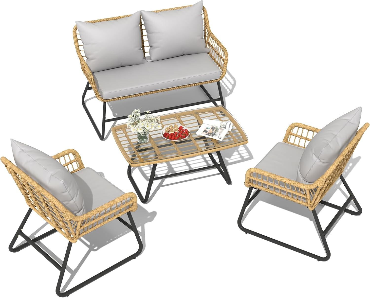 4 Piece Patio Furniture Set Outdoor Wicker Furniture Set W/ Removable Cushion