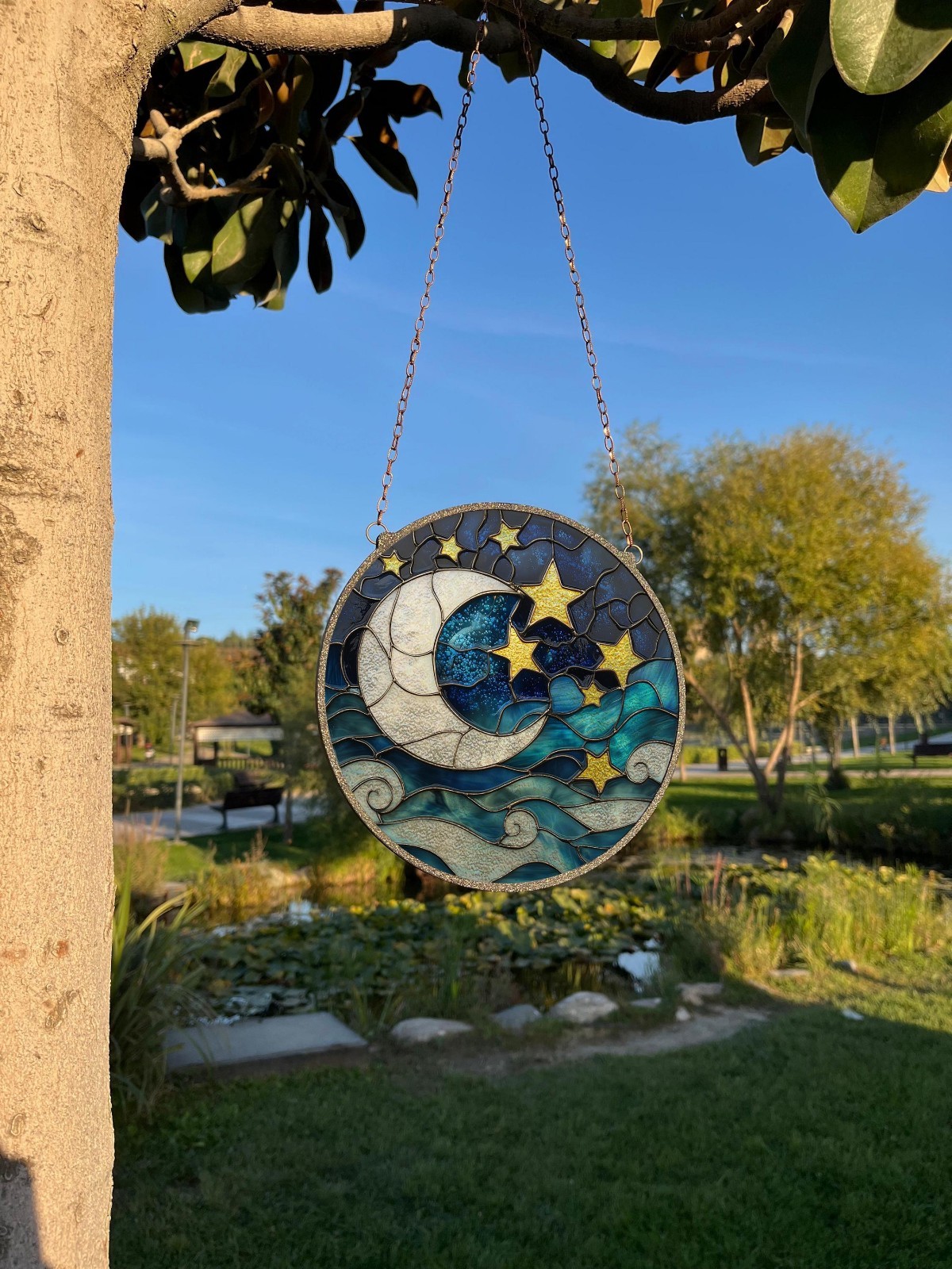 Moon and Stars Painted Stained Glass Suncatcher Nursery Window Decor
