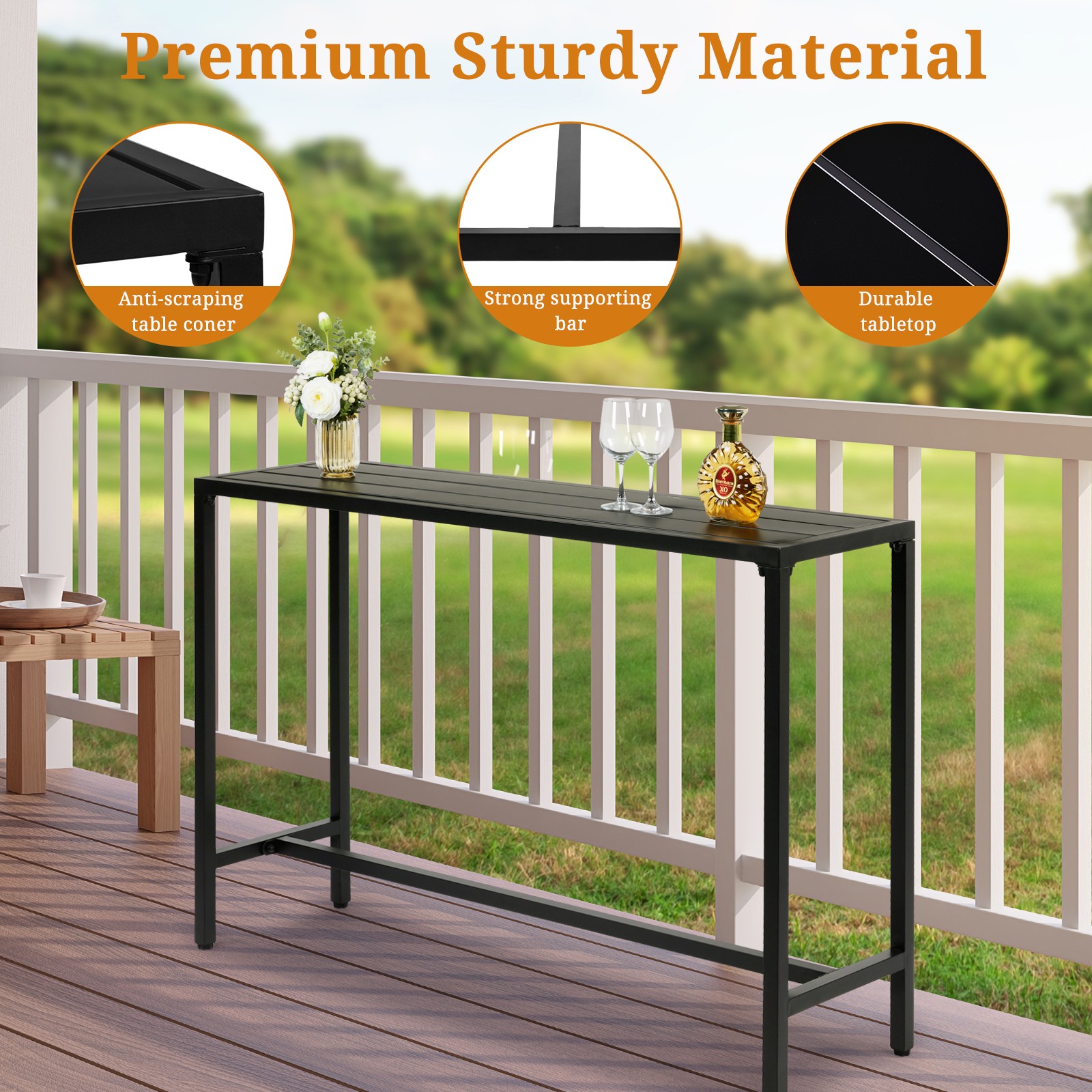 55" Outdoor Bar Table with Adjustable Feet Rectangle Narrow Counter Height Table