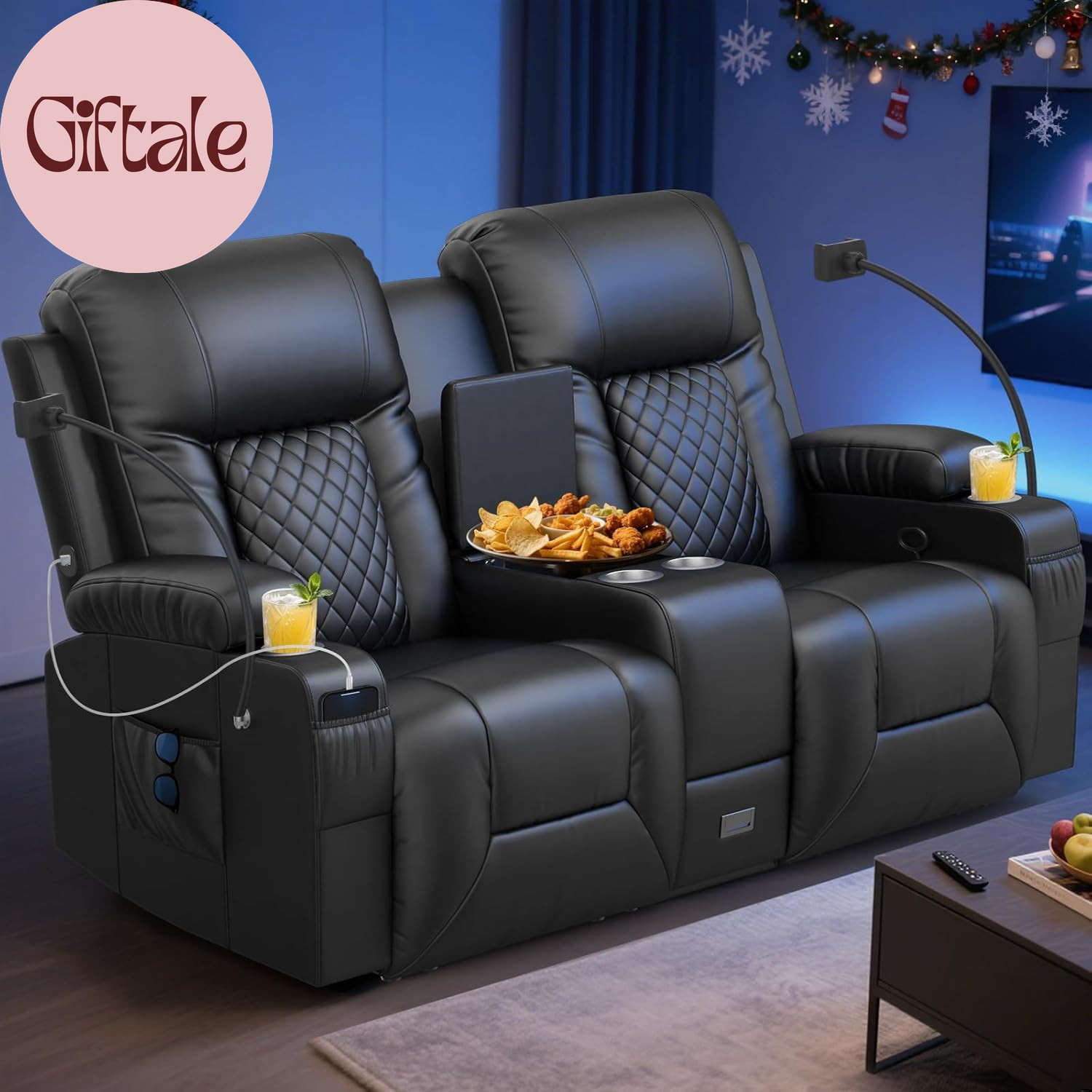 Loveseat Recliner Sofa, Home Theater Seating with Center Console, Reclining Love