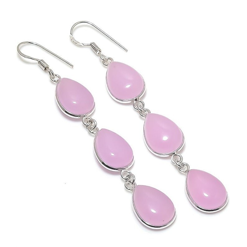 Sterling 925 Silver Solid Rose Quartz Gemstone Handmade Women Earrings