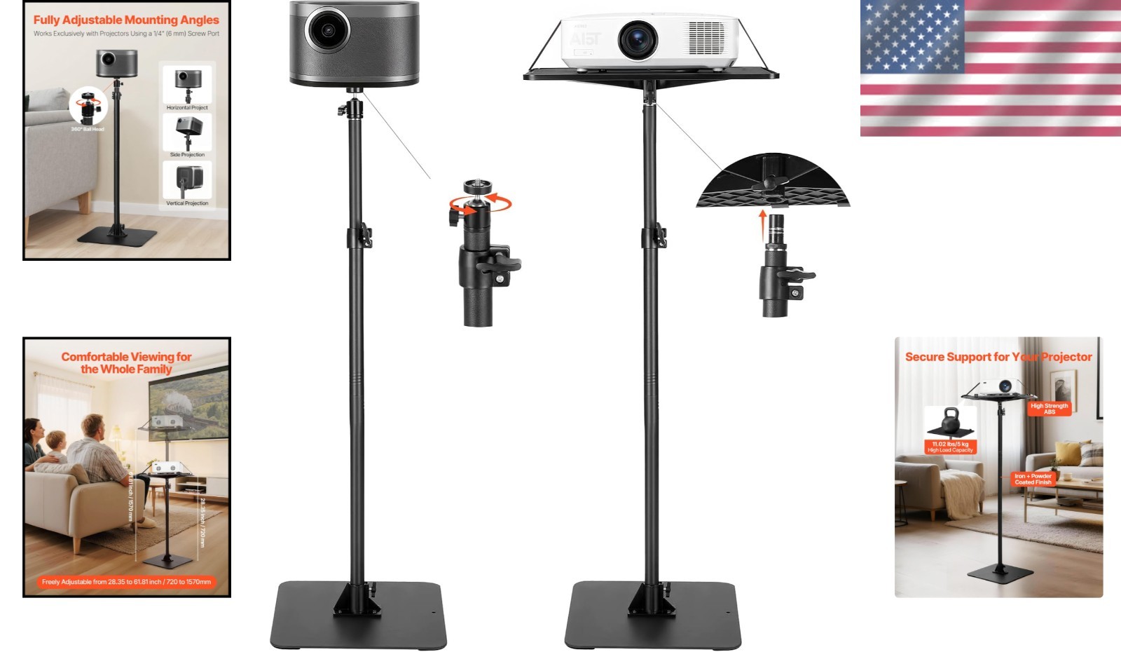 Heavy-Duty Projector Stand with Adjustable Height & 360° Rotation – Black