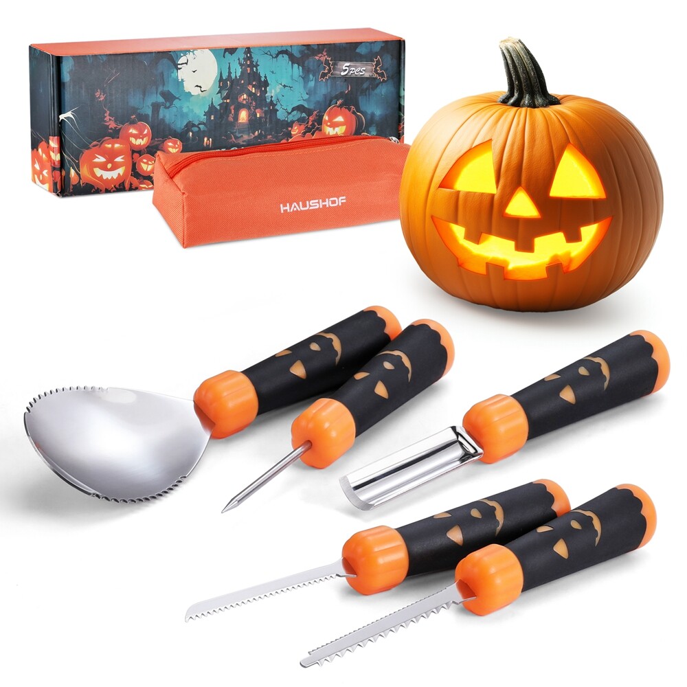 HAUSHOF 5PCS Halloween Pumpkin Carving Tool w/Stencil Pumpkin Carving Knives Set