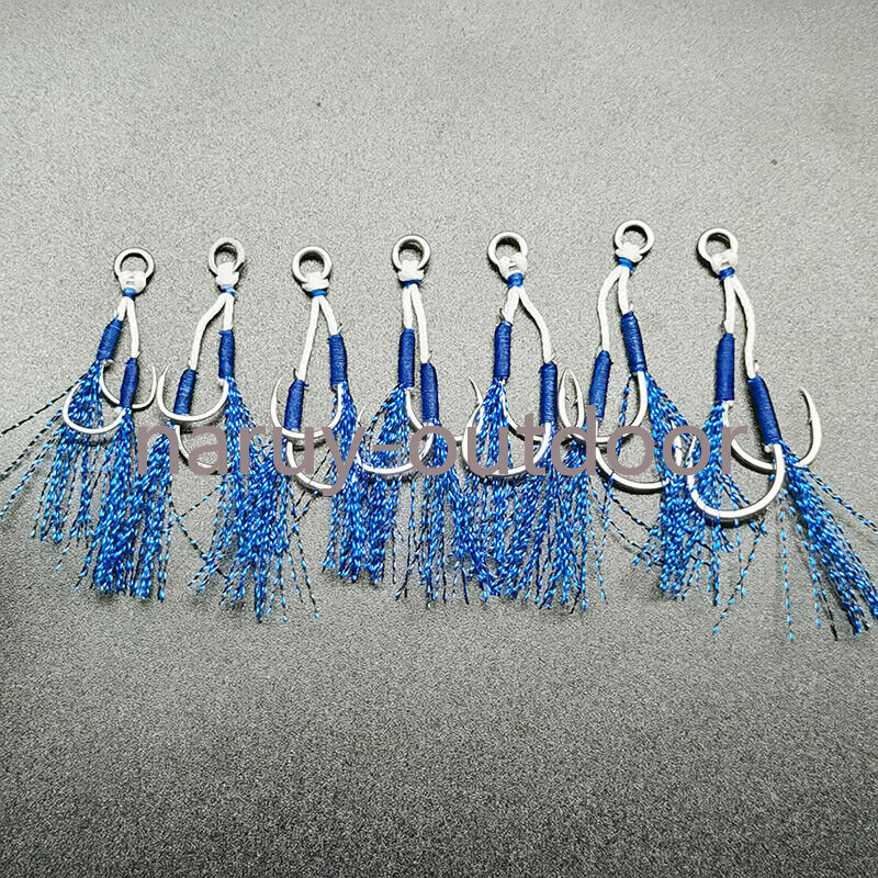 20 Pair Solid Ring Double Assist Barbed Hooks Blue Feather Fishing Slow Jig