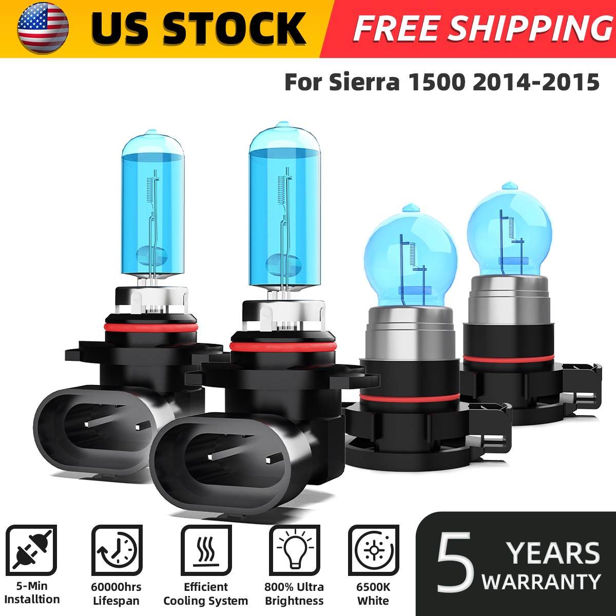 For GMC Sierra 1500 2014-2015 Halogen Headlight Hi/Lo+Fog Light Bulbs Combo