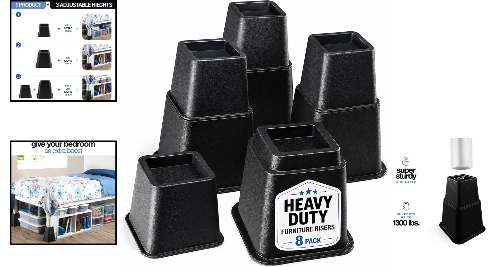 Heavy-Duty Stackable Bed Risers - Support Up to 1300 lbs | Black 4-Piece Set