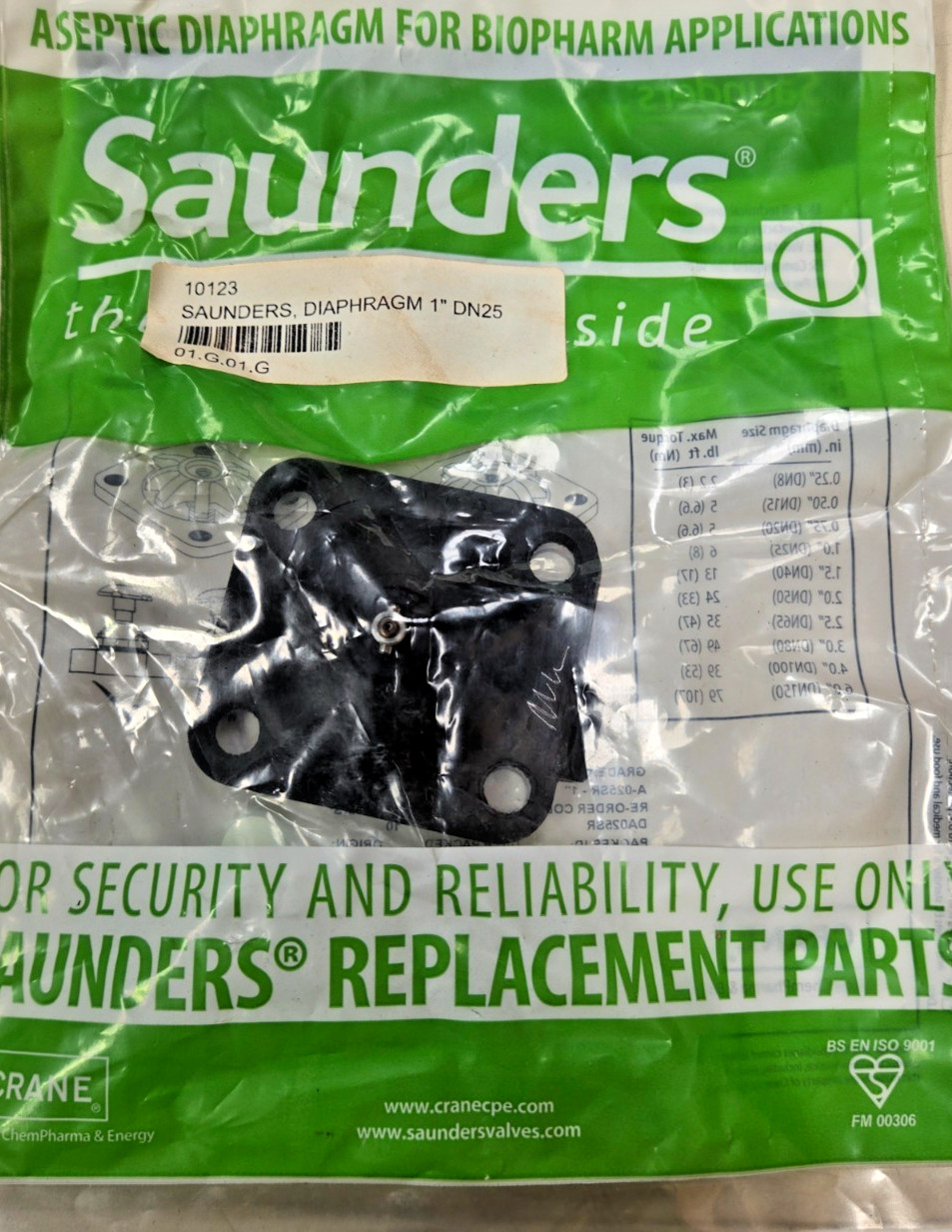 Saunders DA025SR Replacement Valve Diaphragm - NEW