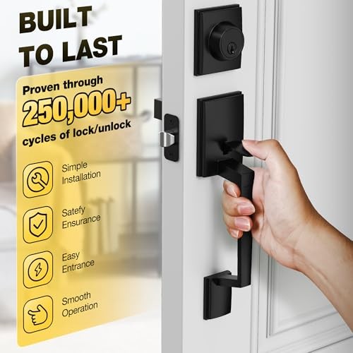 Front Door Lock Set, Front Door Handle and Deadbolt Set, Single Matte Black