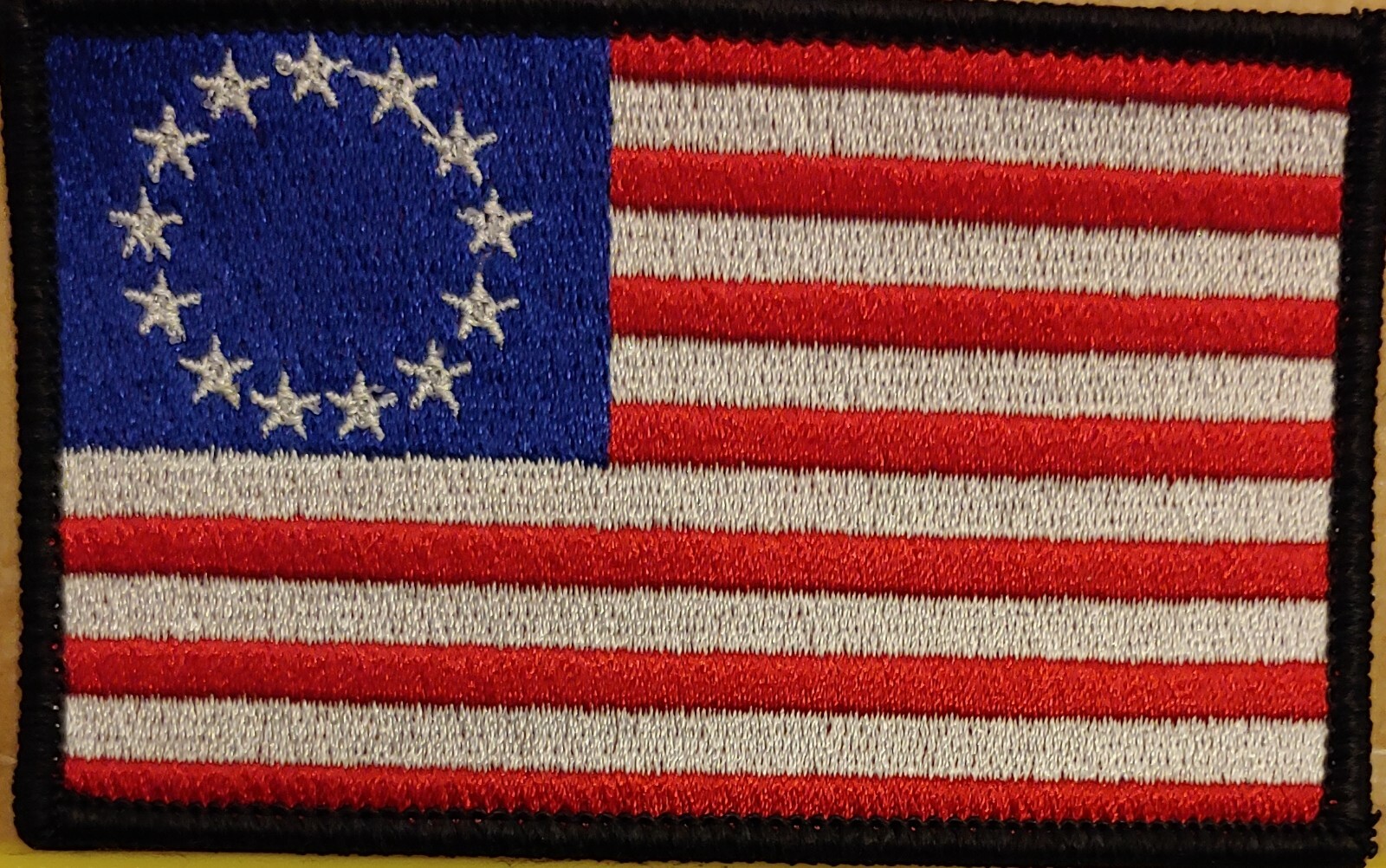 Betsy Ross Flag Patch W/ VELCRO® Brand Fastener Black Border White Stars US