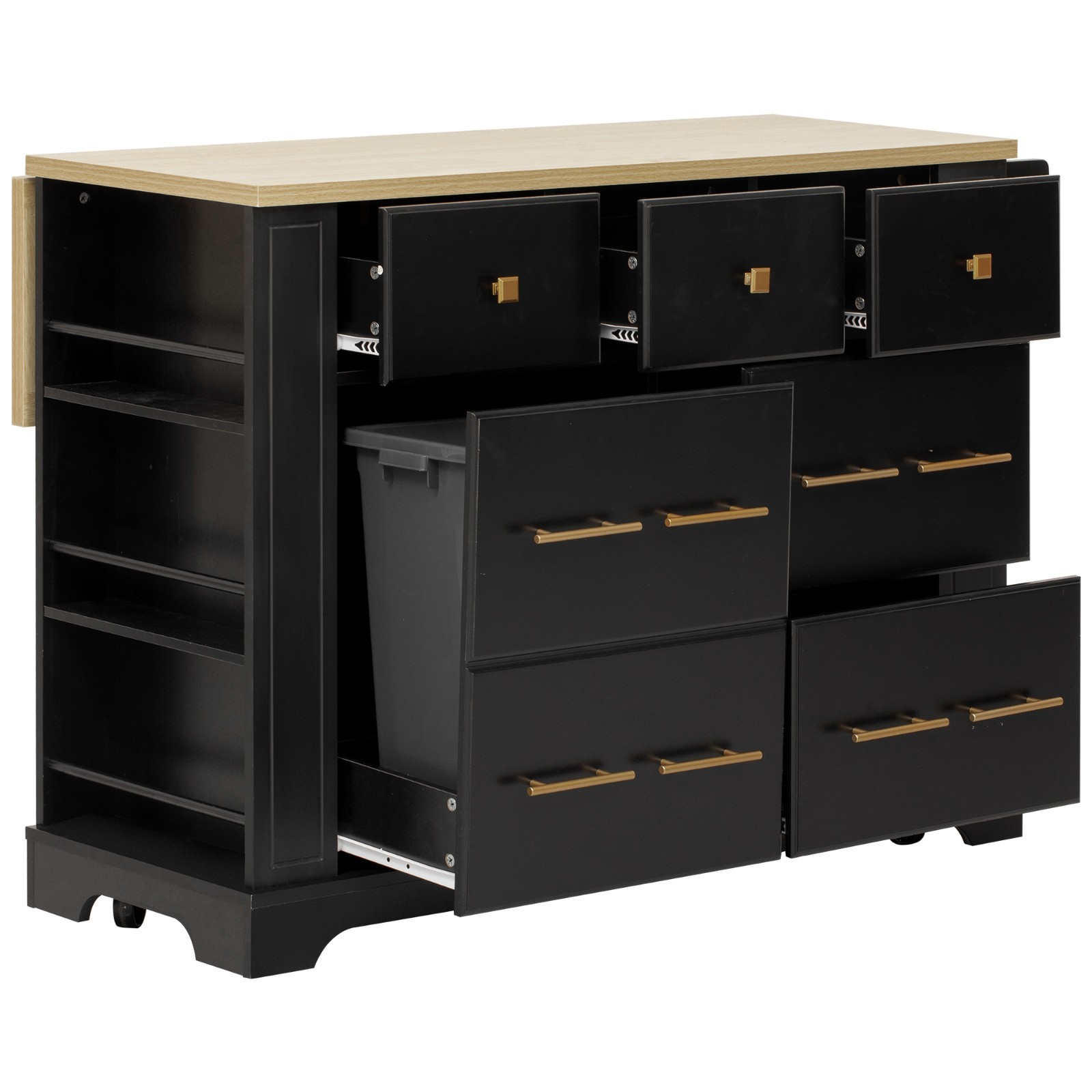 Kitchen Island w/6 Drawers, Pull Out Trash Can Storage, Rolling Kitchen Island