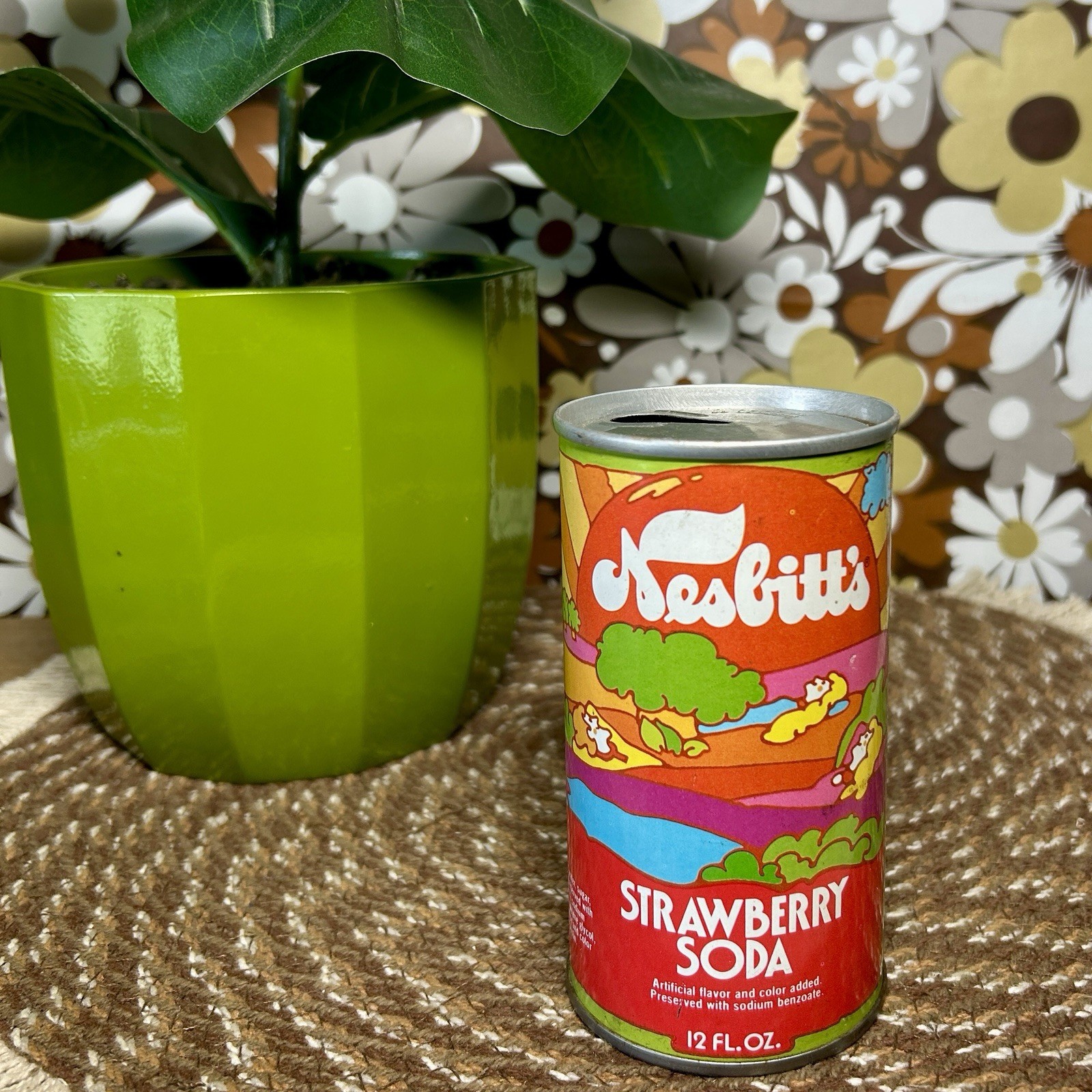 Vintage Retro Psychedelic EMPTY 12oz Nesbitt's Strawberry Soda Can by Nesbitt's
