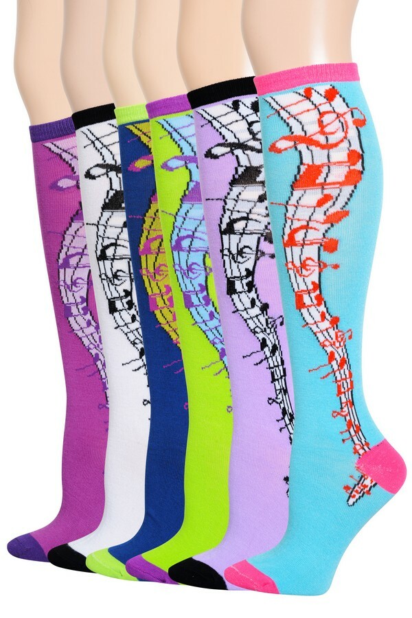 2 PAIRS WOMEN'S  MULTI COLOR MUSICAL NOTE NOVELTY KNEE HIGH SOCKS SIZE 9-11