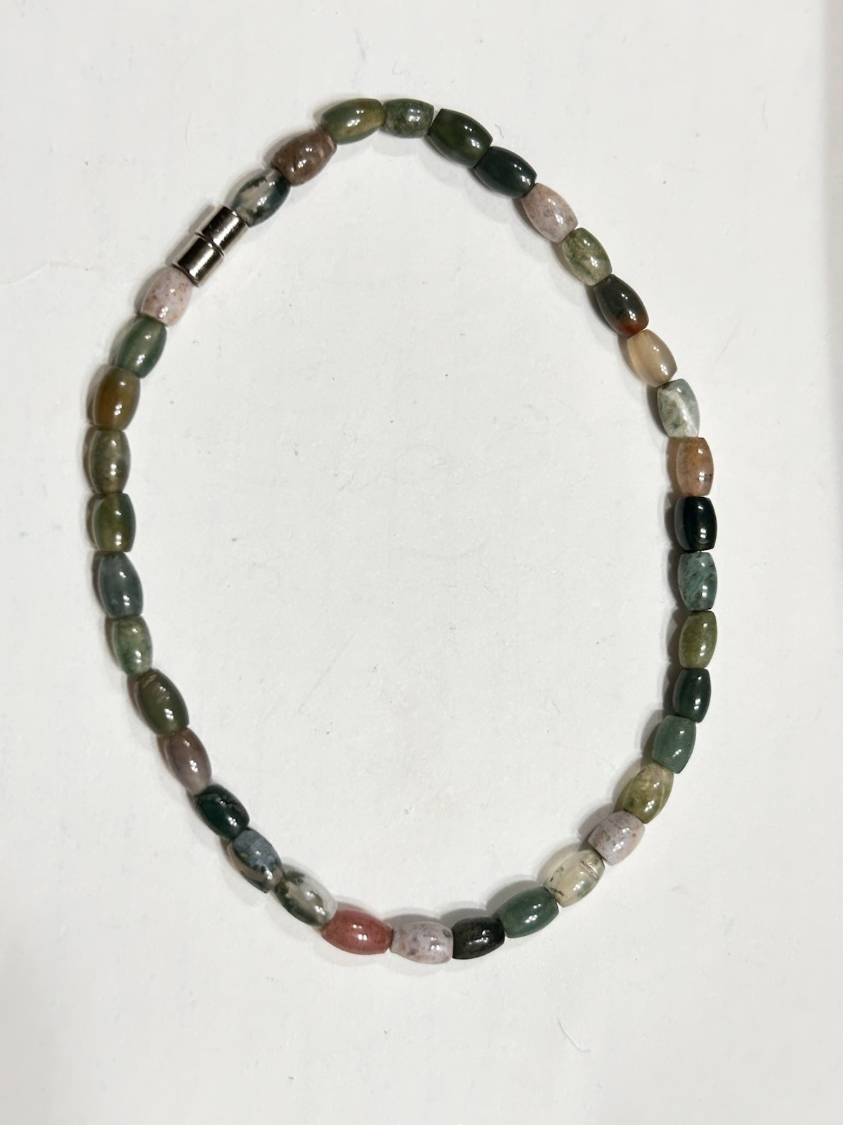 fine moss agate, jade & dino bone beaded bracelet 9.25” magnetic clasp