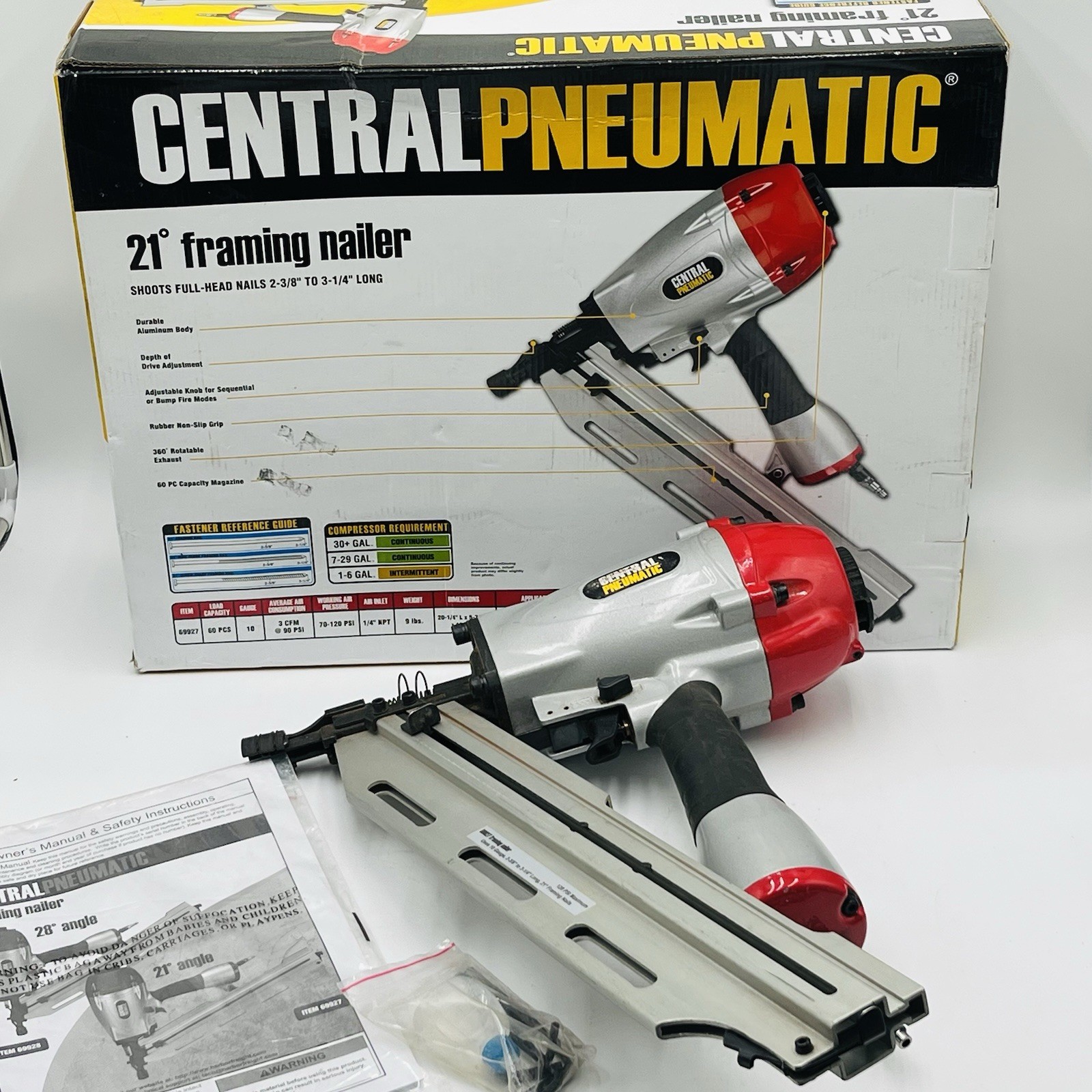 Central Pneumatic 21 Angle Framing Nailer 69927 Untested Read