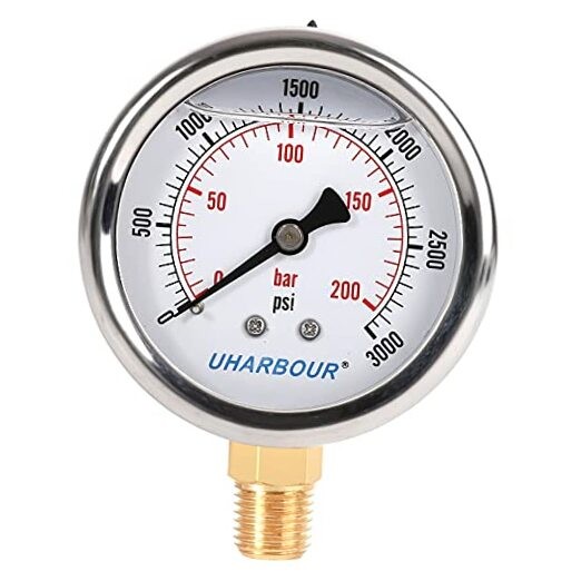 Glycerin Filled Pressure Gauge 3000psi/200bar, Stainless Steel case, Brass