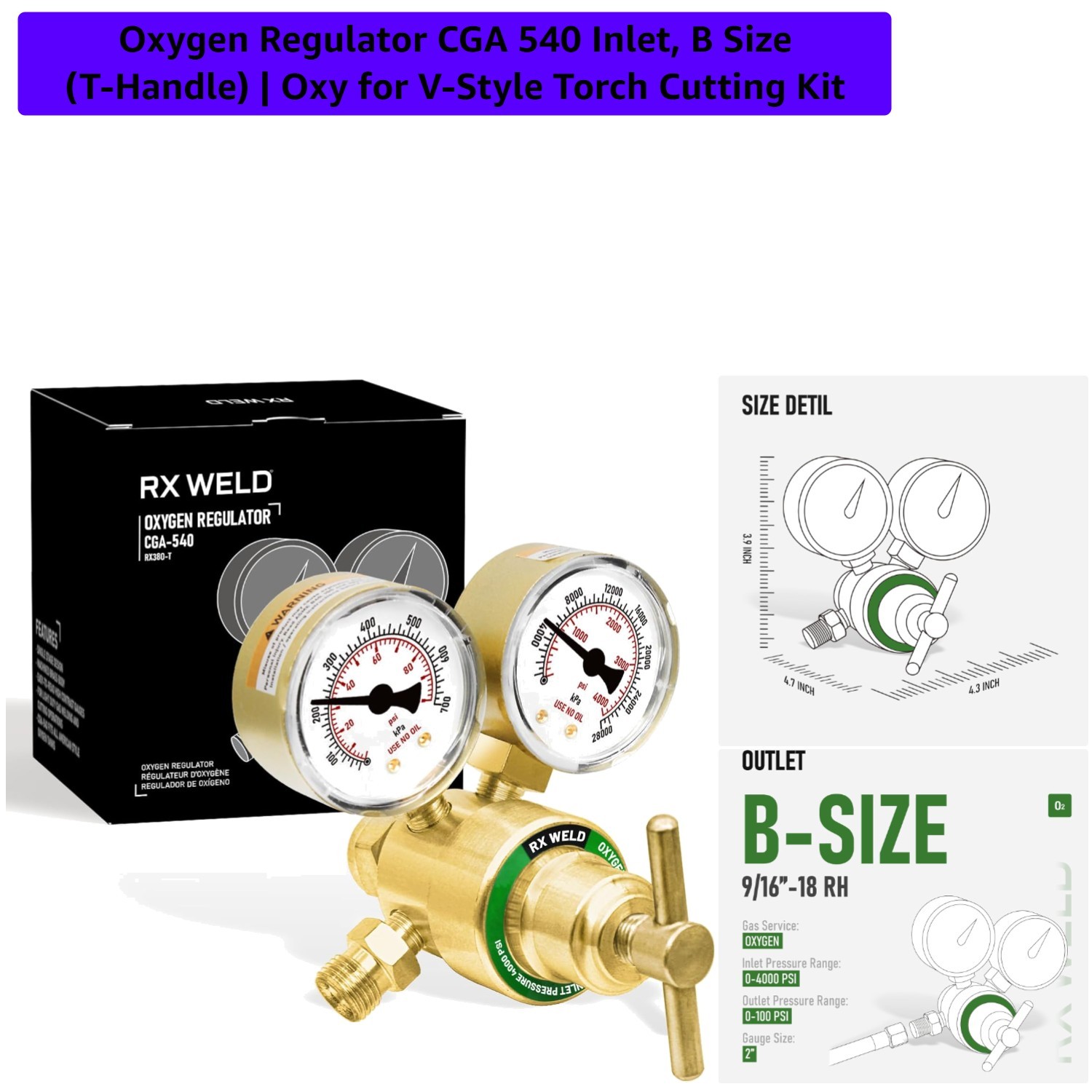 Oxygen Regulator CGA 540 Inlet, B Size T-Handle | Oxy for V-Style Torch Cutti...