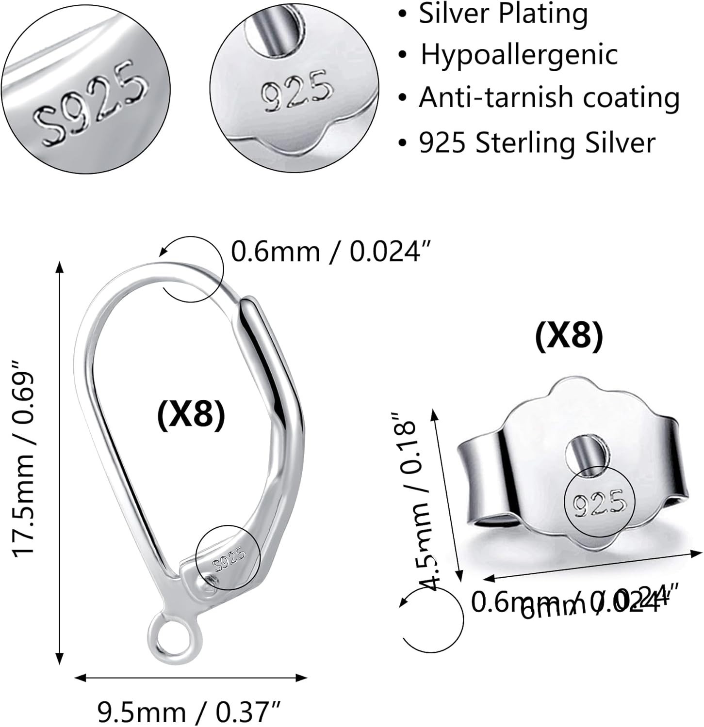 Elegant 16pcs Sterling Silver Dangle Hooks - Safe Hypoallergenic Earring Support
