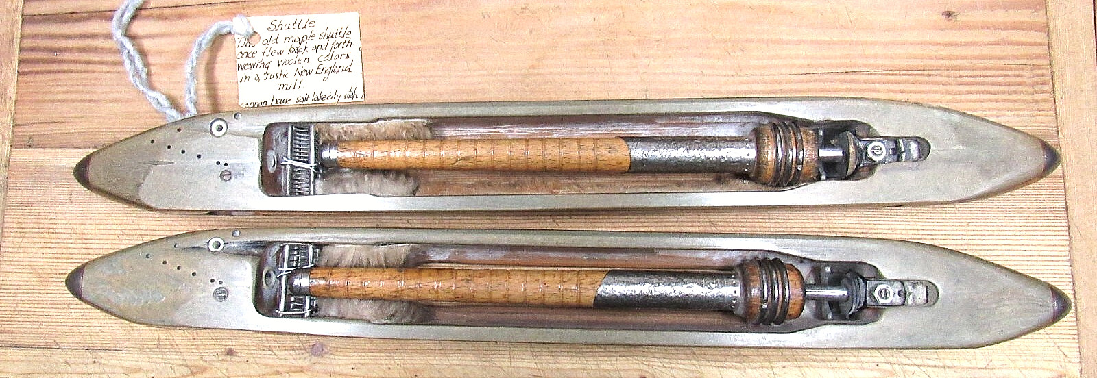 Lot of 2 Antique Vintage Weaving Shuttles With Bobbins Wood Brass Steel Large