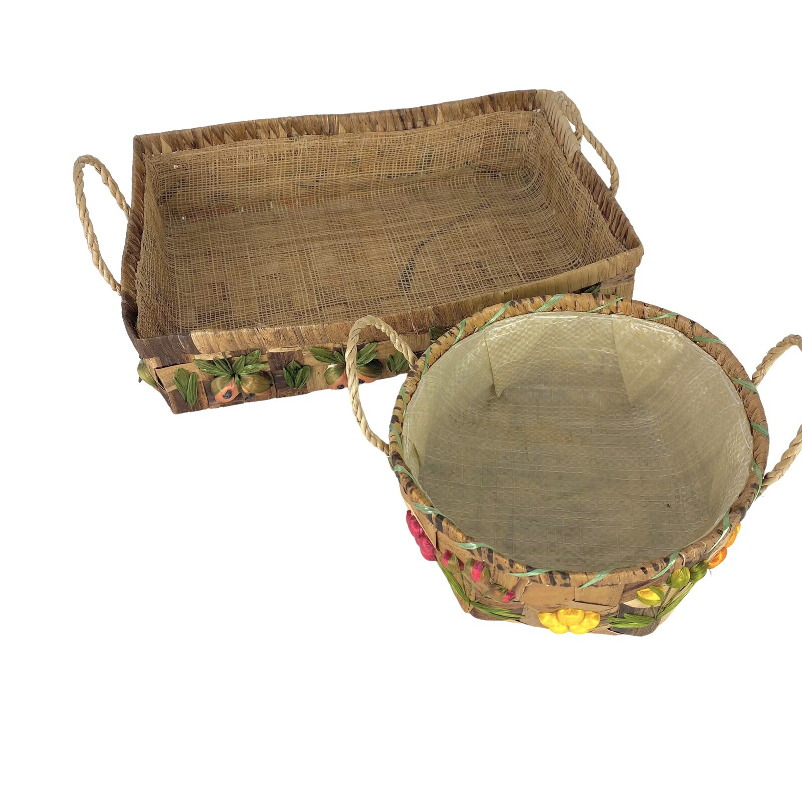 Straw Raffia Baskets Casserole Carriers Round Rectangle Fruits Lined Vintage