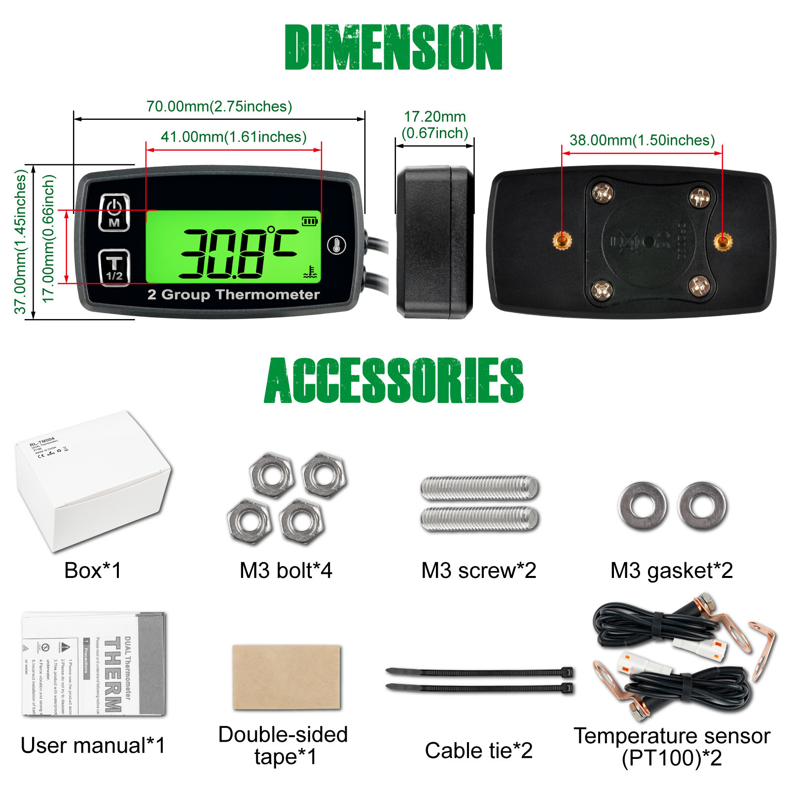 YOOREAL Digital LCD Engine Temp Gauge for Generator Motorcycle Snowmobile ATV