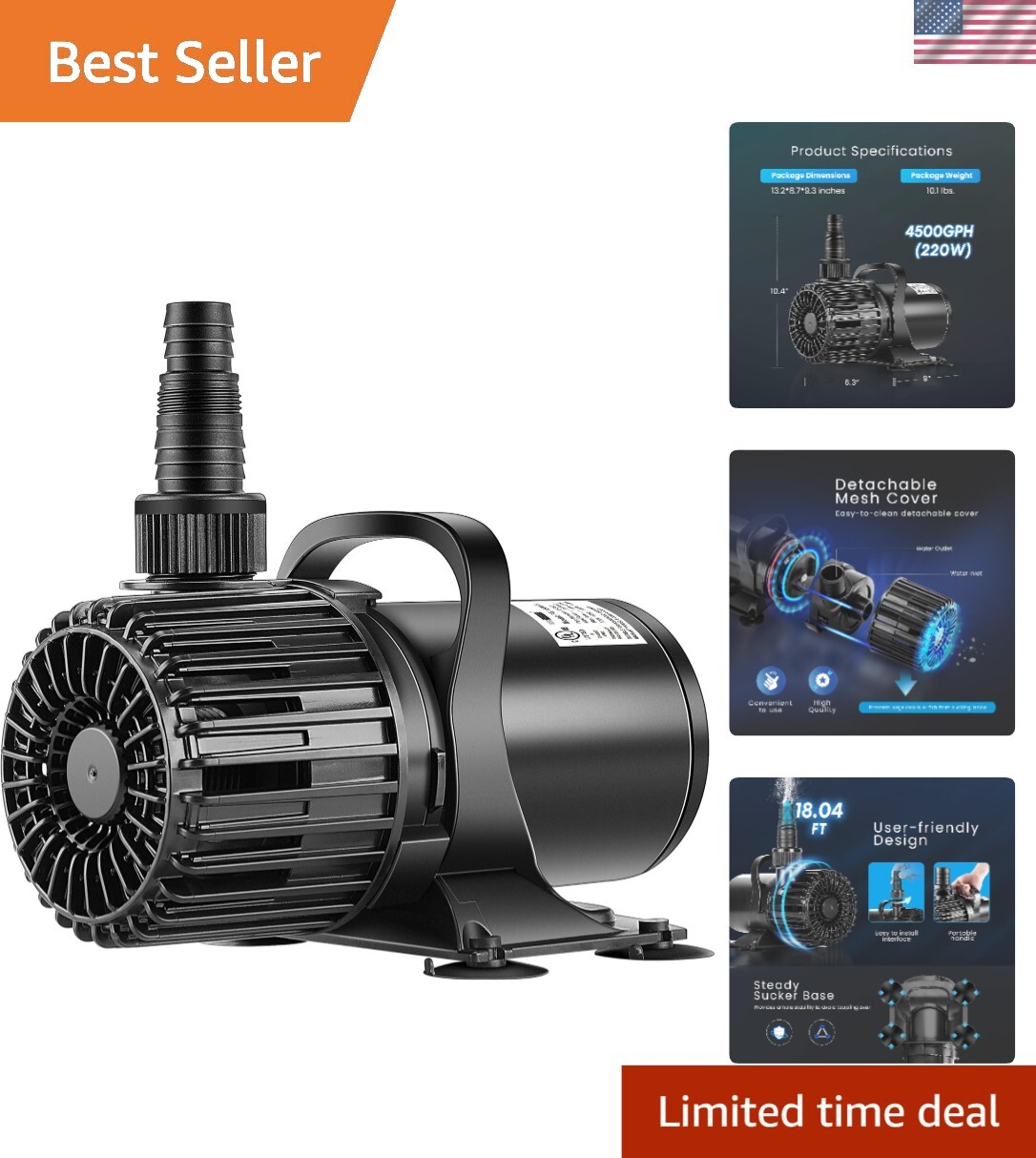 Efficient 220W Submersible Pump - 18.04 Ft Lift for Fountains & Fish Tanks