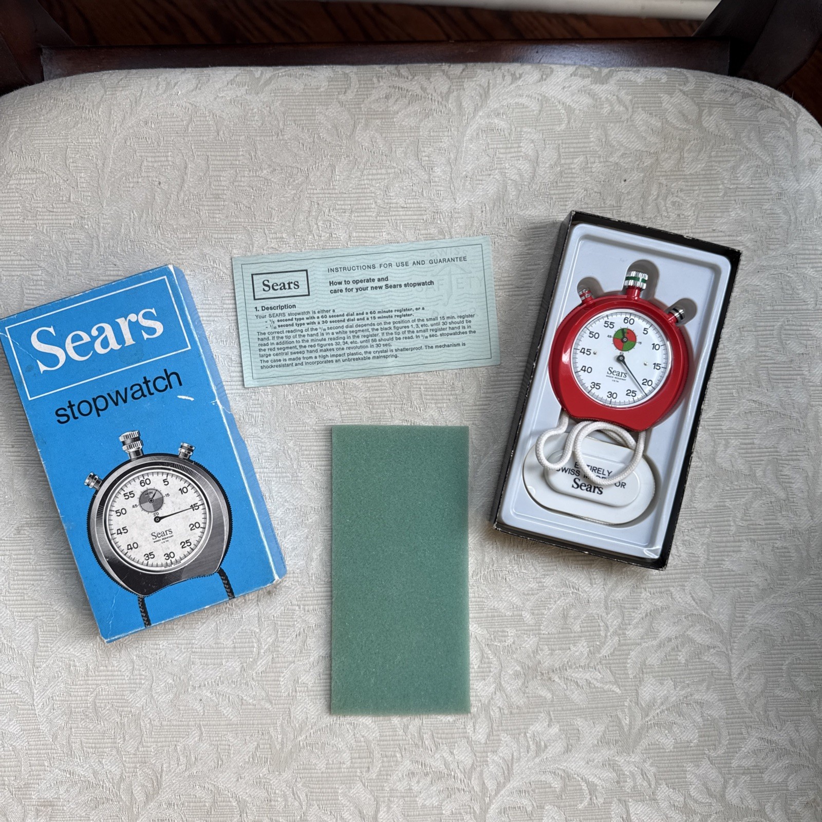 VTG Sears Red Stopwatch SwissMade 1/10 Windup In Box Instructions 19921