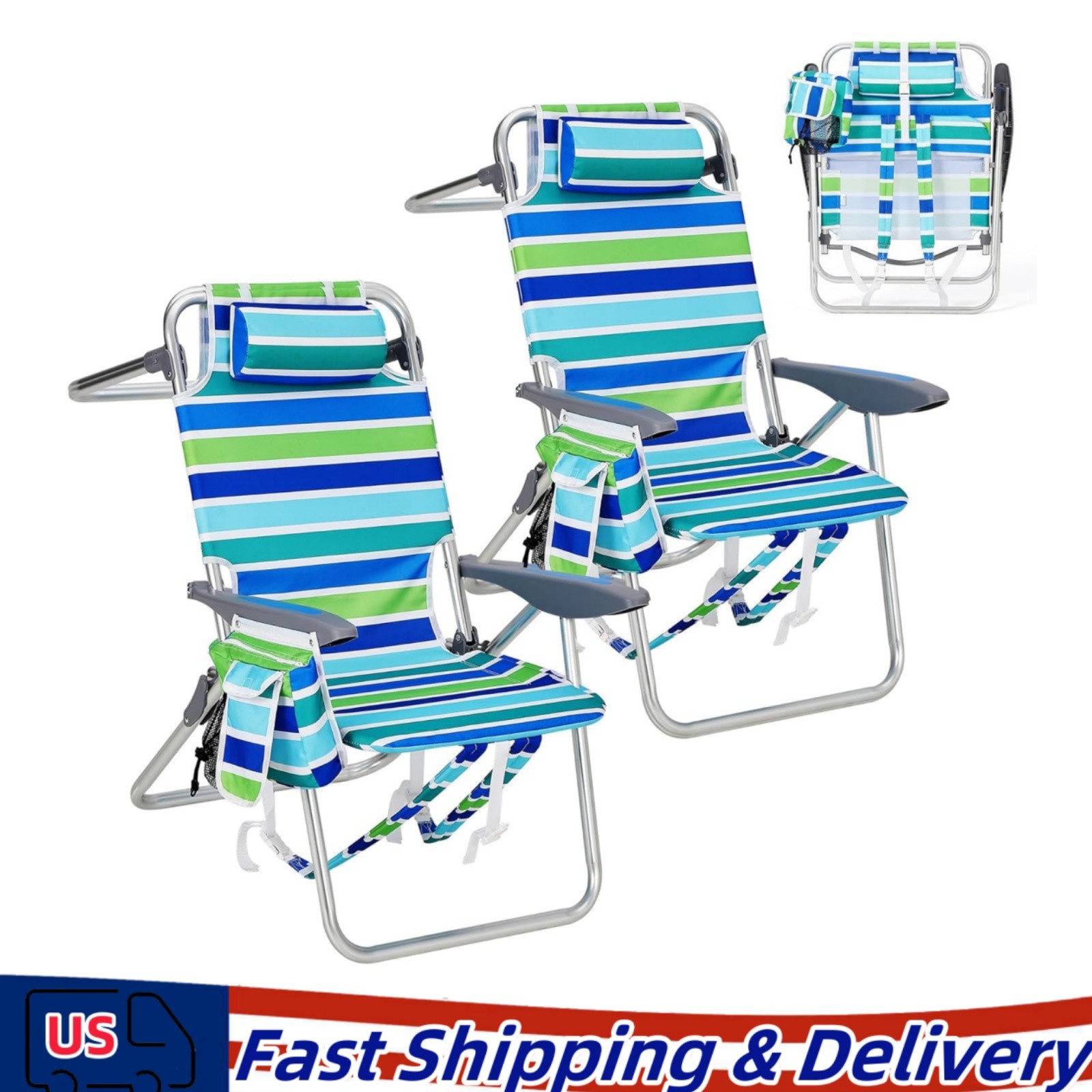 2 Pack Folding Backpack High Beach Chair w/Towel Bar, Cup Holder & Phone Pocket