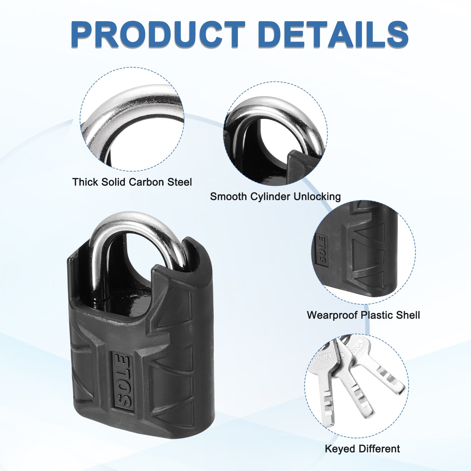 High Security Solid Steel Padlock with Key, Black (1-3/16 Inch)
