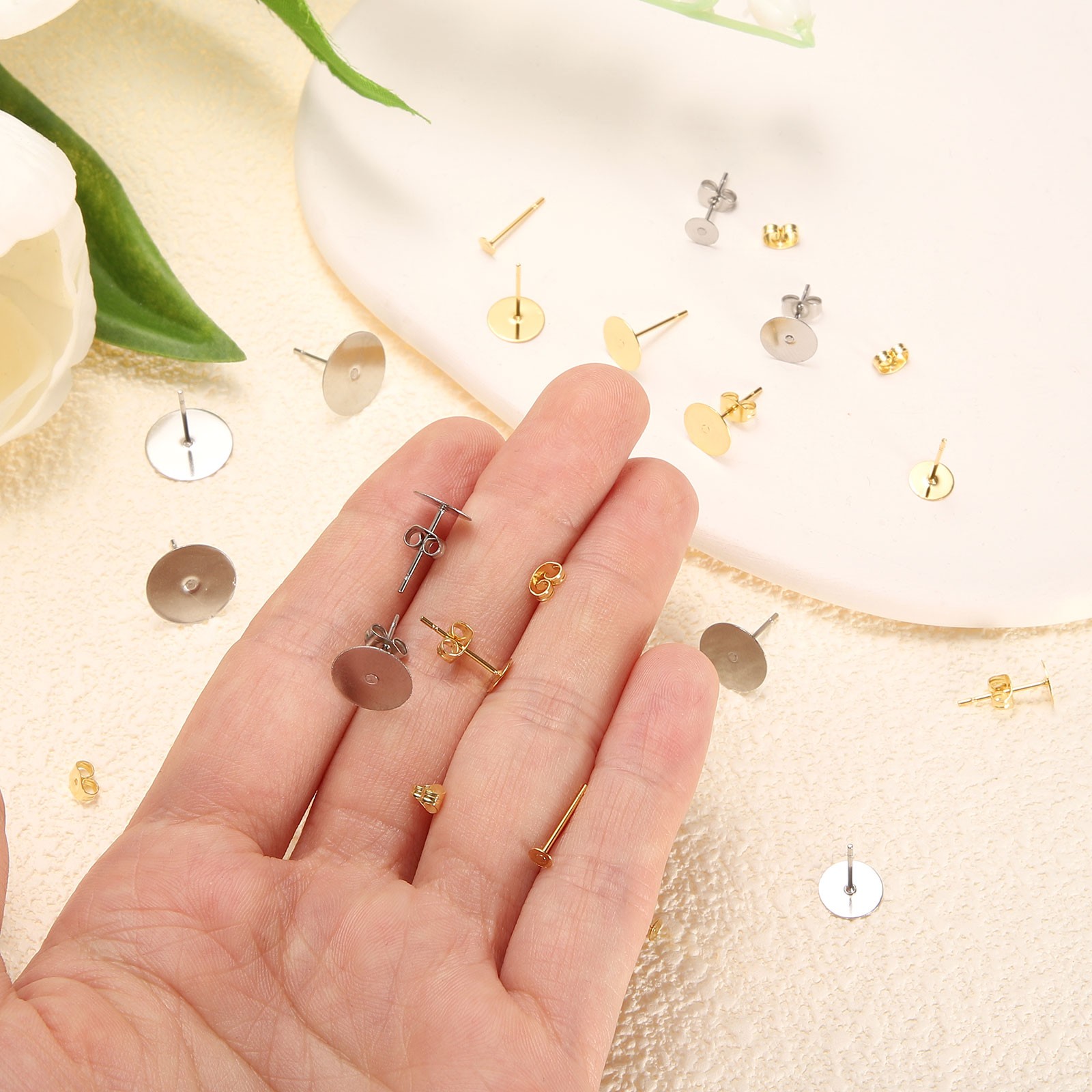 20Pcs Stud Earring Posts, 8mm Ear Pin with Butterfly Earring Backs, Gold