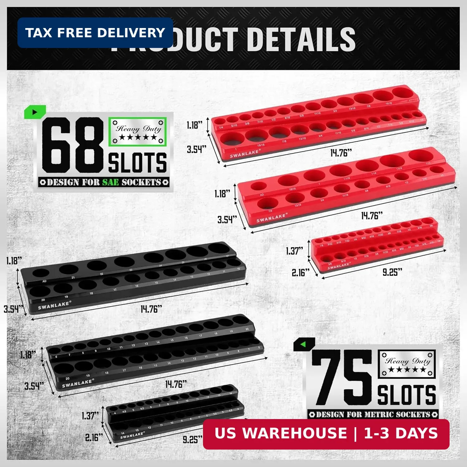 6-piece Magnetic Socket Organizer Set, Metric & SAE Drive Socket Holder, Include