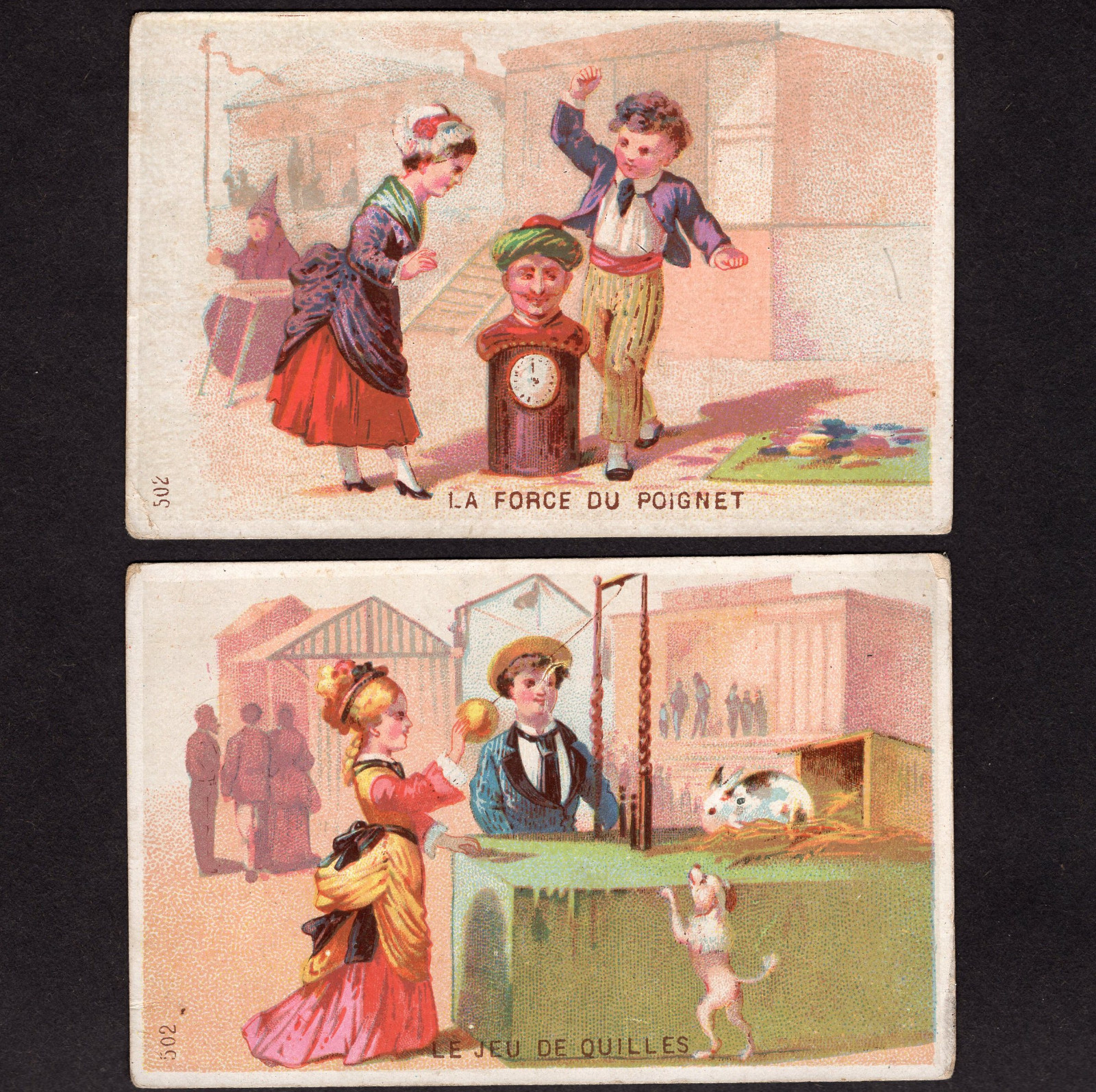 Arcade Pistol Shooting Ball Game c 1800's French Carnival Amusement Fair 2 Cards