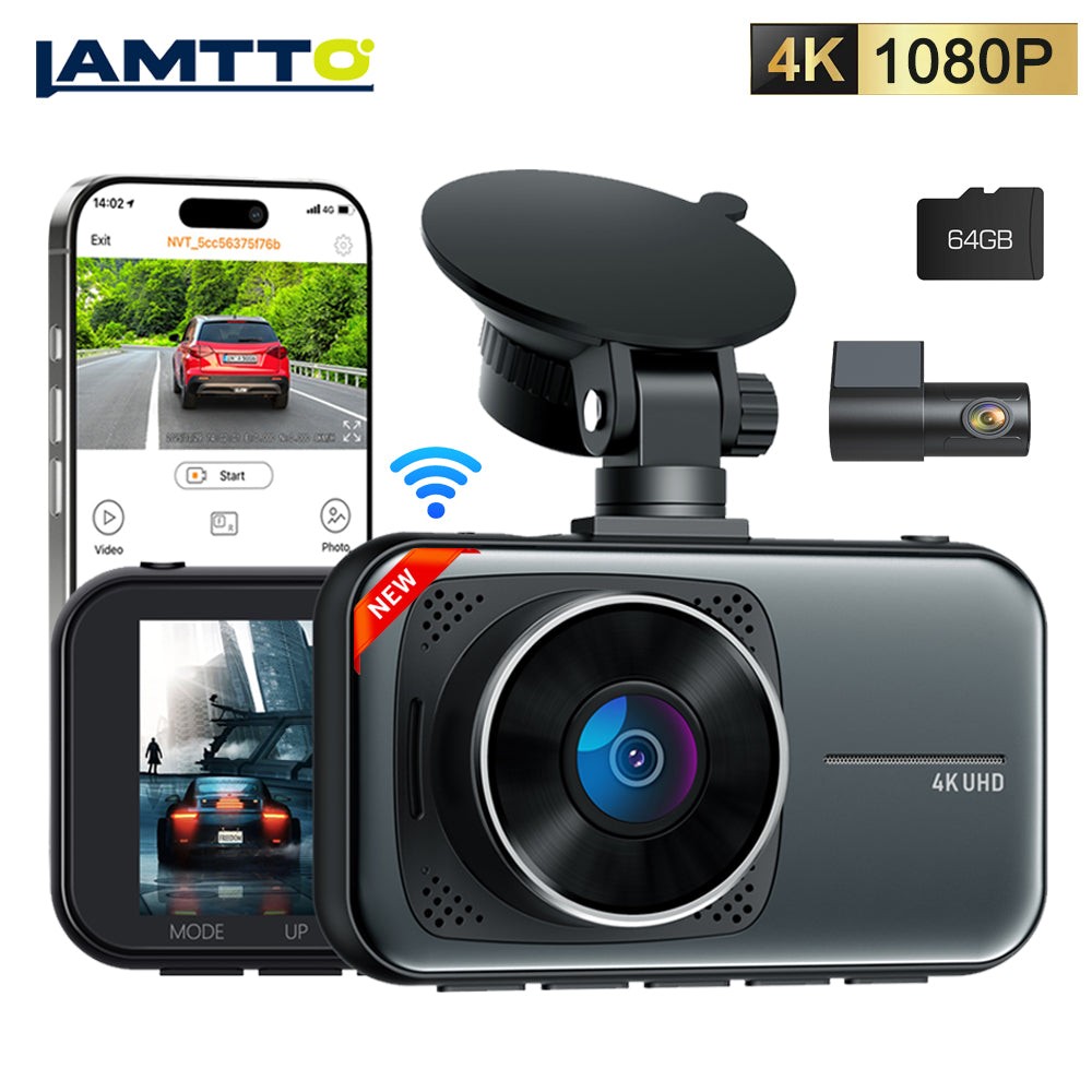 Lamtto Dash Camera 4K Front and Rear Dash Cam Built-In WiFi, with 64GB Card