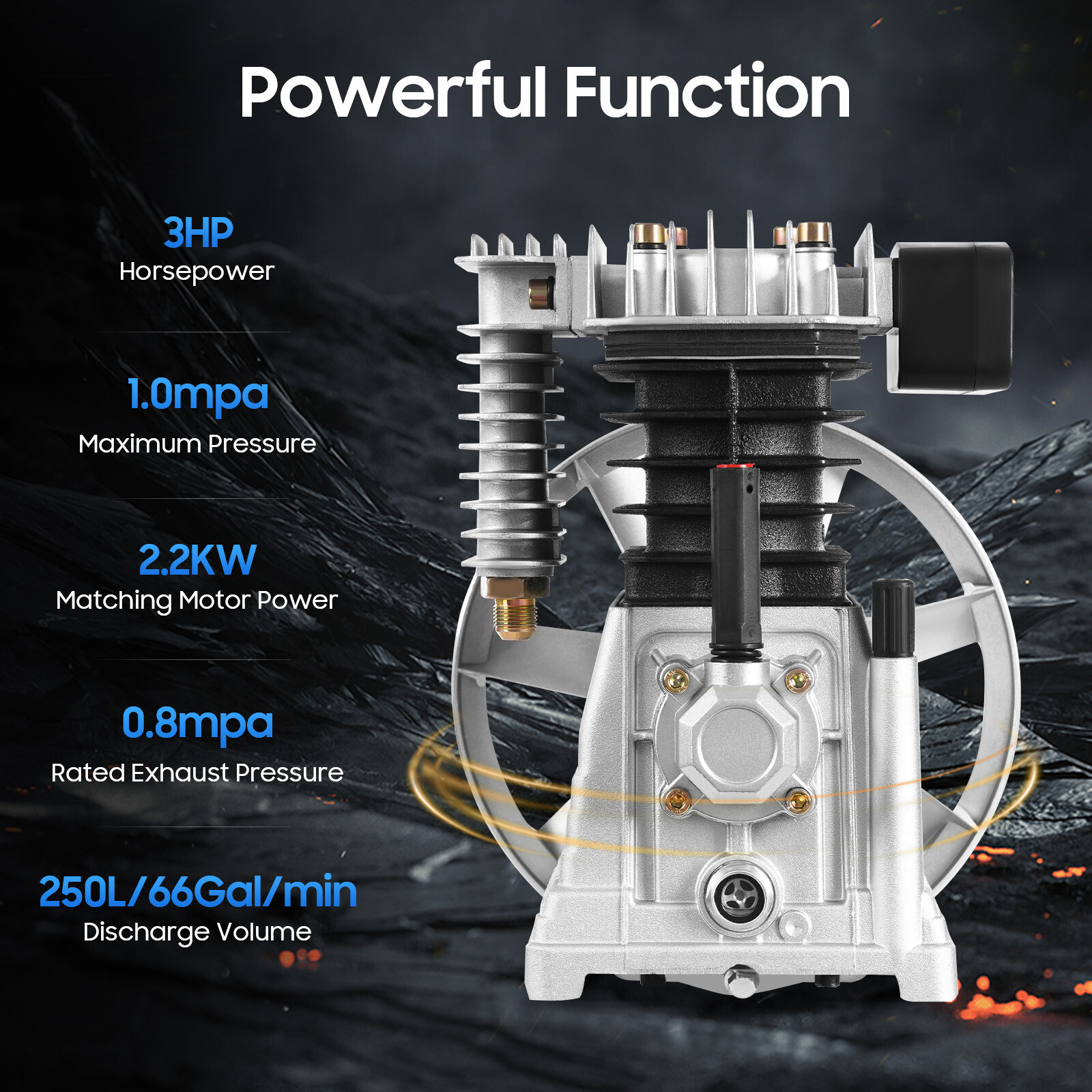 Piston 3HP 250L/min Single Stage Twin Cylinder Air Compressor Pump Head