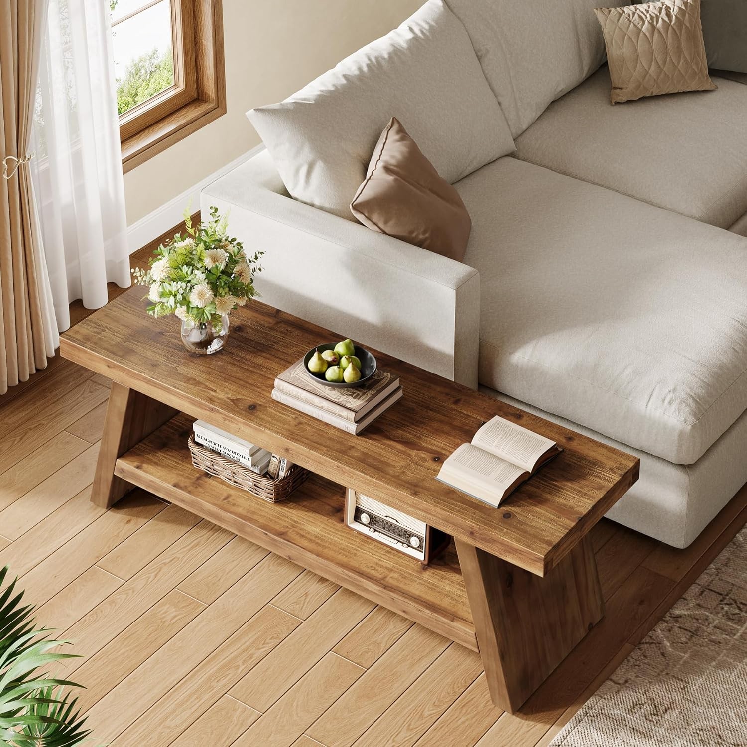 2-Tier Entryway Bench, Solid Wood Seating with Open Shelves for Hallway Foyer