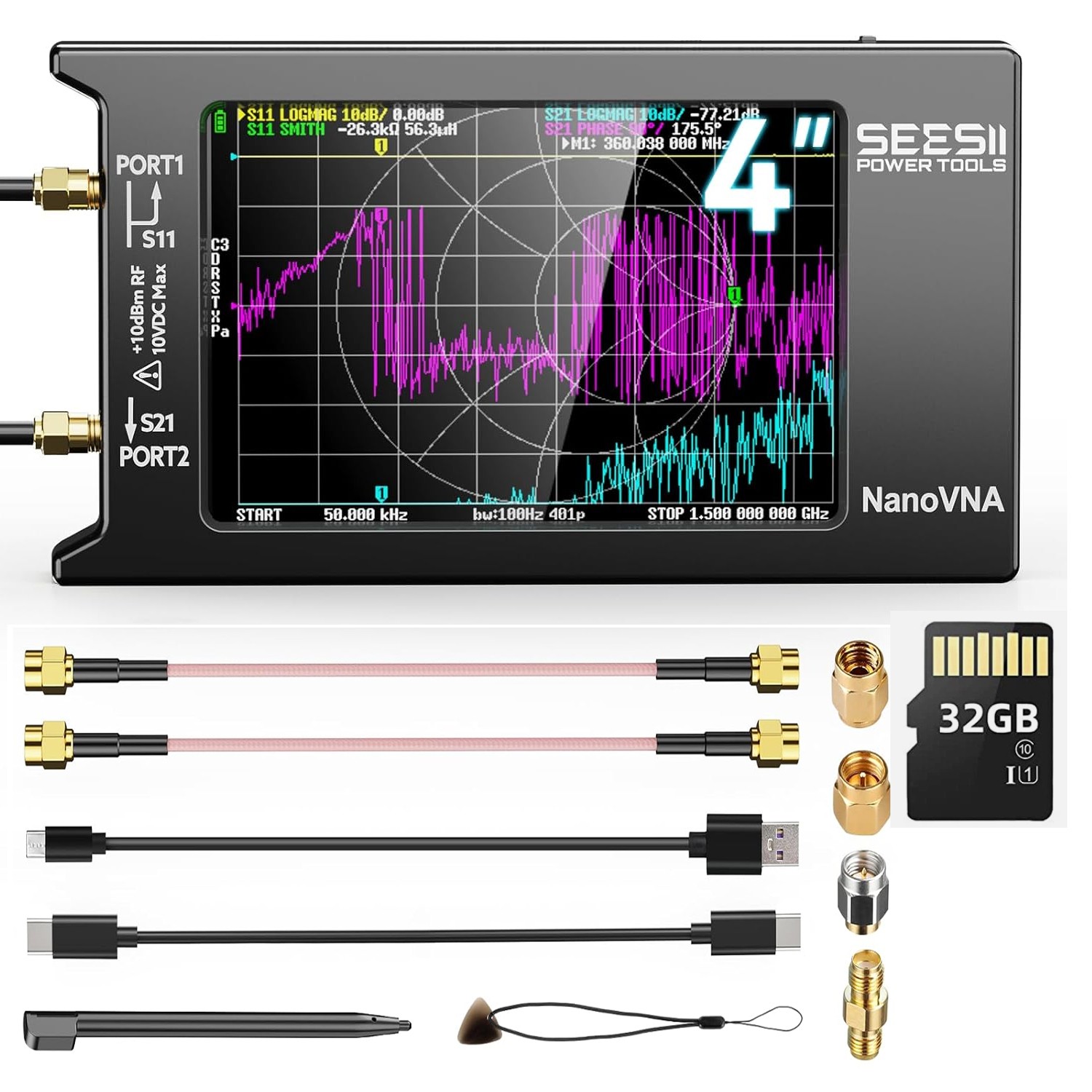 4" Vector Network Analyzer 10k-1.5GHz HF VHF UHF Antenna Analyzer 1950mAh + 32GB